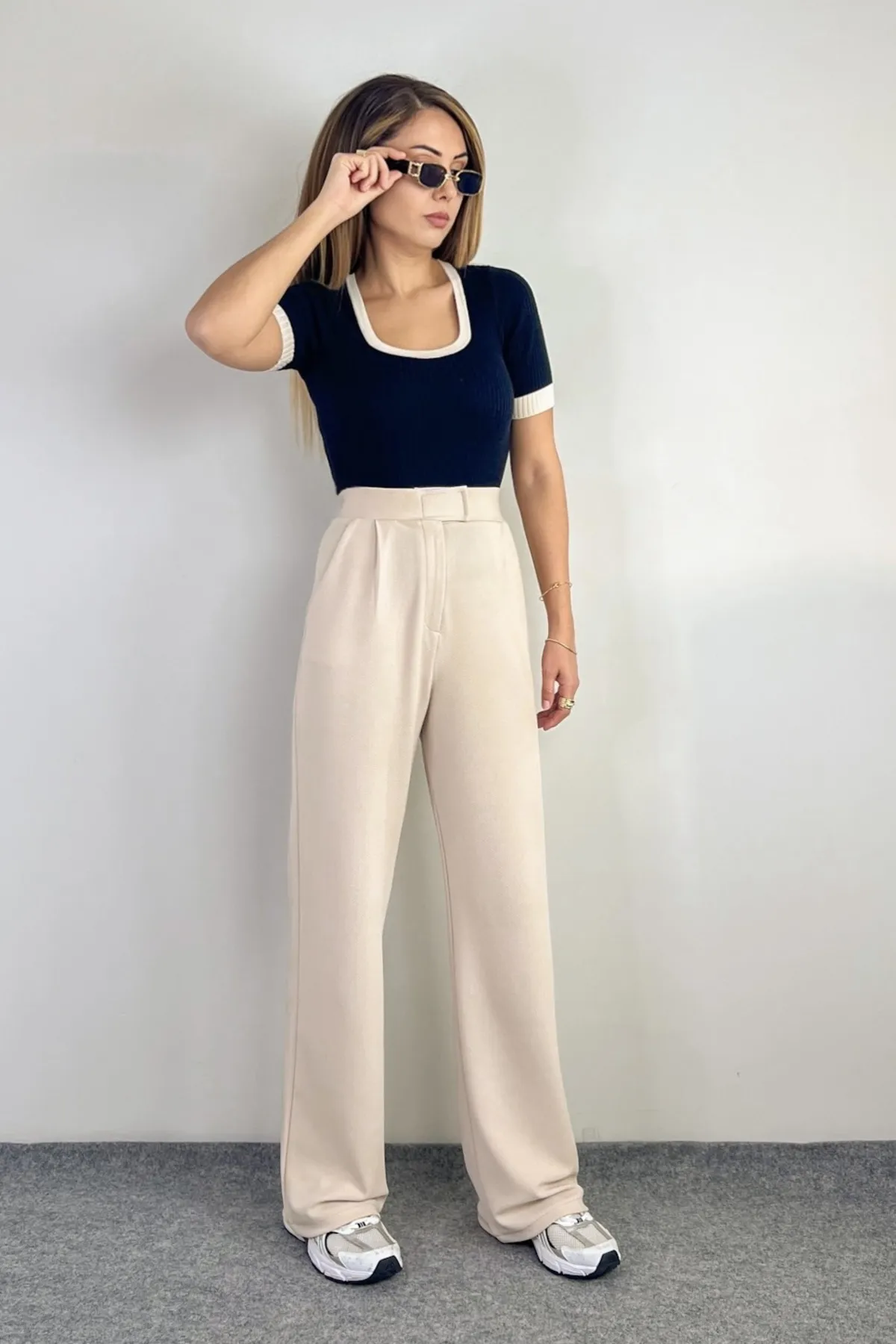 Ritnice  Line Palazzo-Hose aus Lycra für Damen mit Klettverschluss, Hellbeige