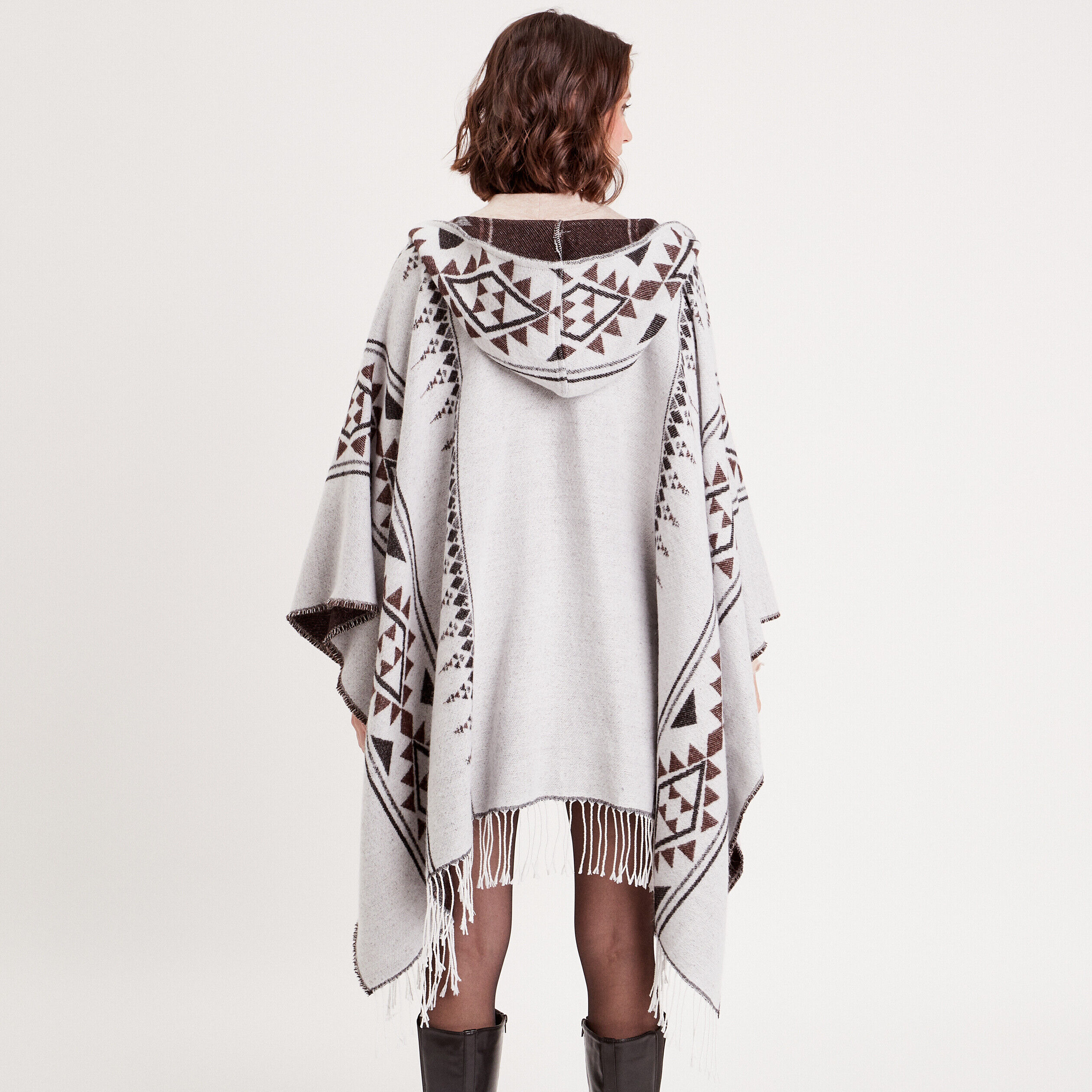 Poncho à capuche et franges ecru femme | Cache Cache