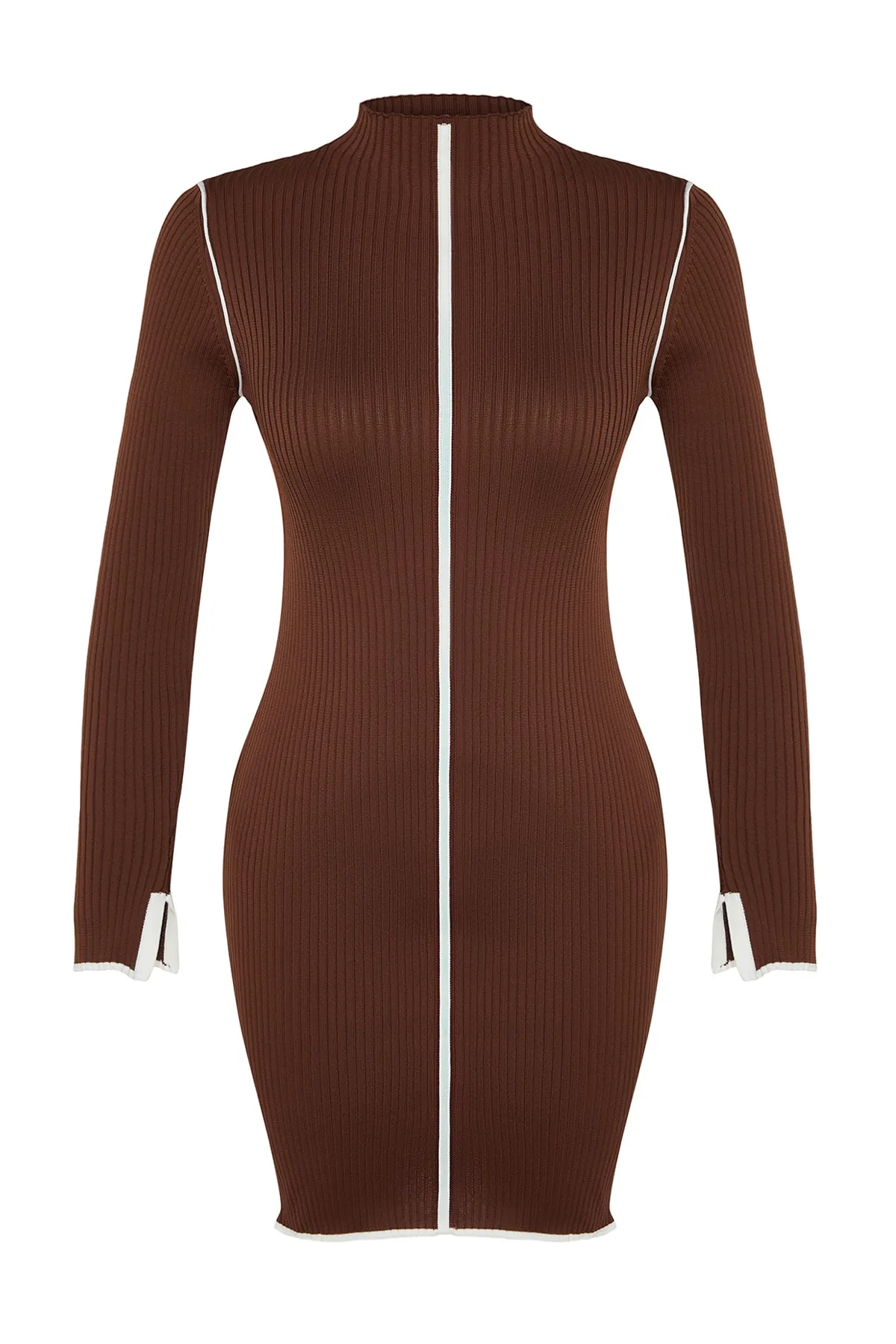 Trendyol Collection  Braunes, figurbetontes, kontrastfarbenes Mini-Strickkleid TWOAW24EL00041
