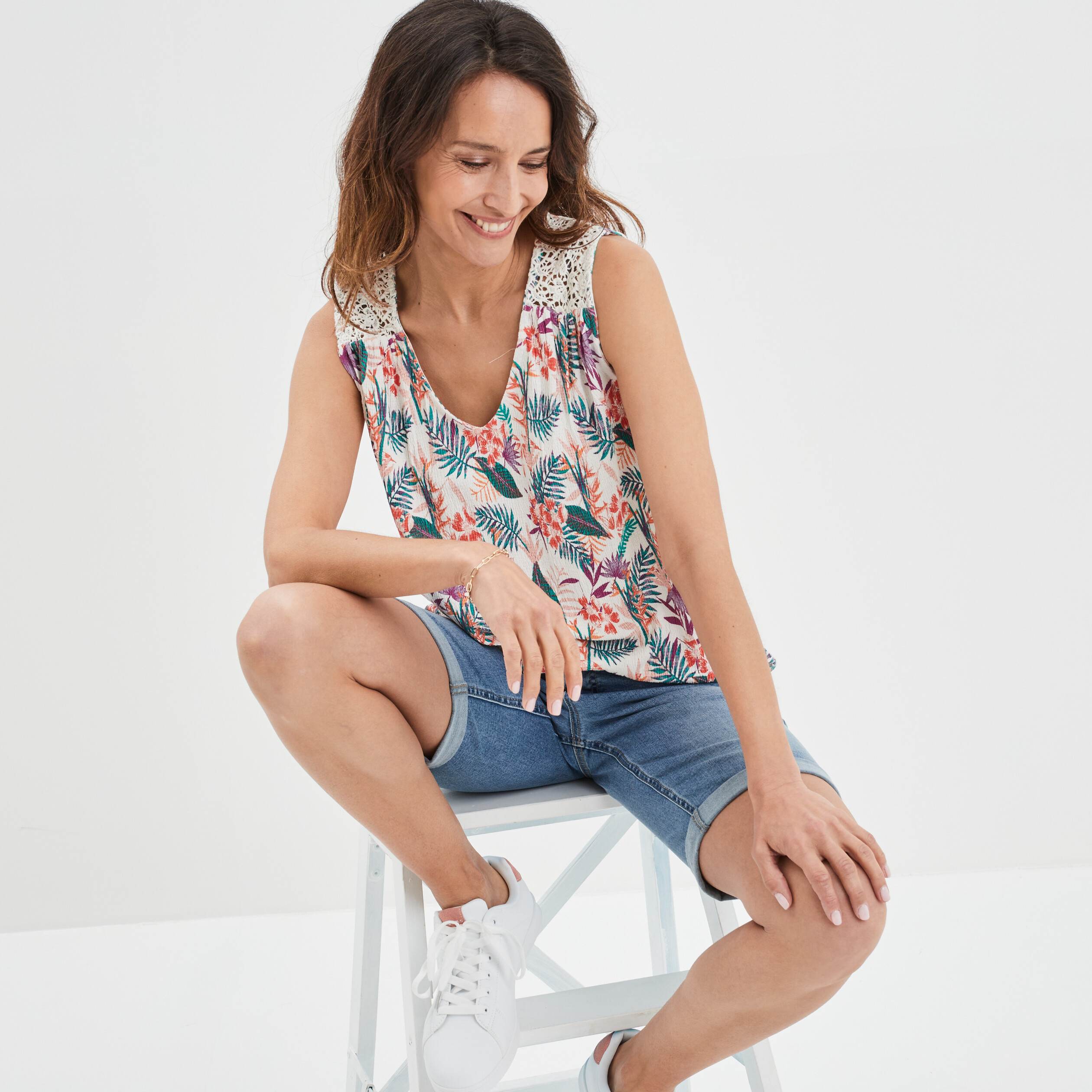 Débardeur épaules macramé col en V ecru femme | La Halle