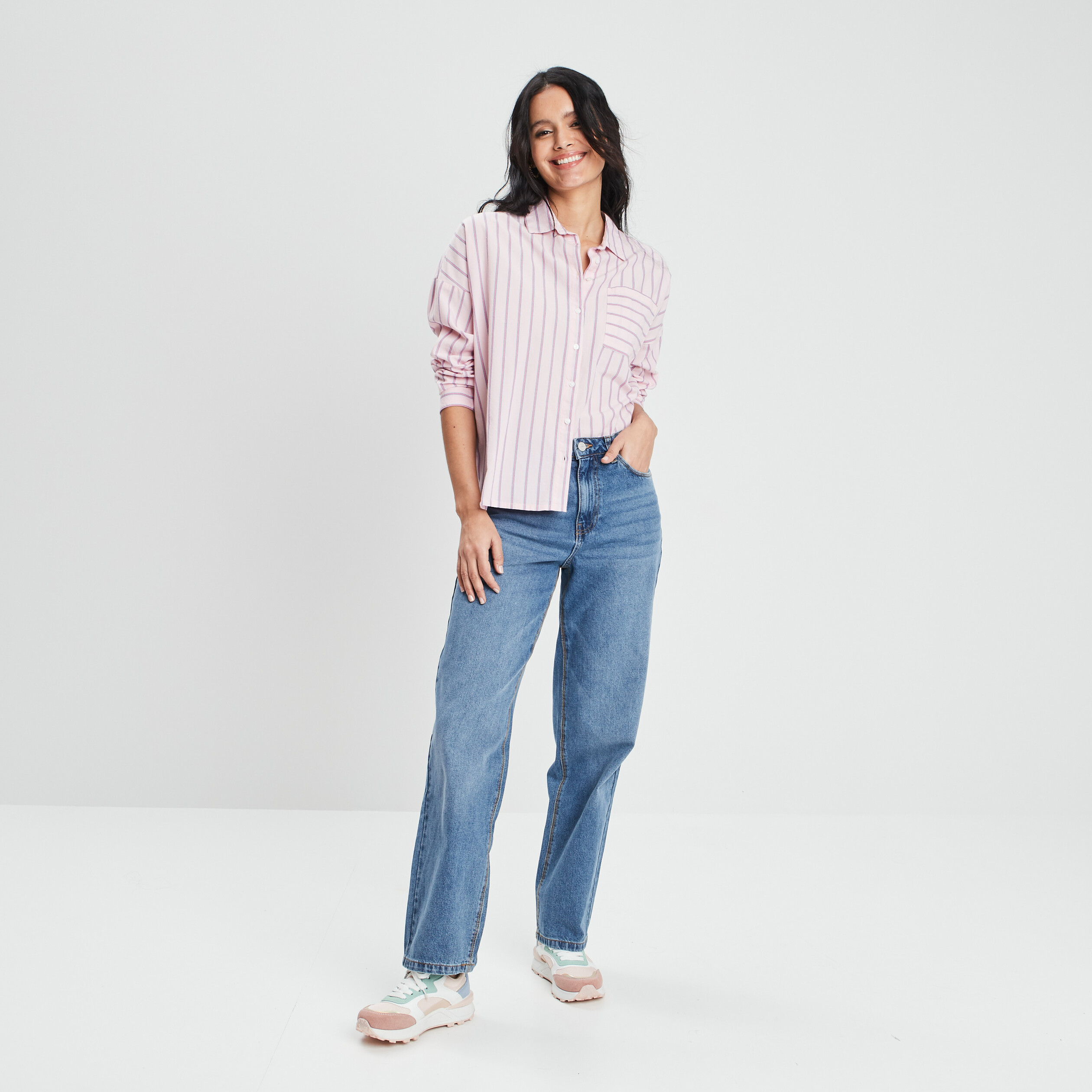 Chemise manches longues poche plaquée rose pastel femme | La Halle