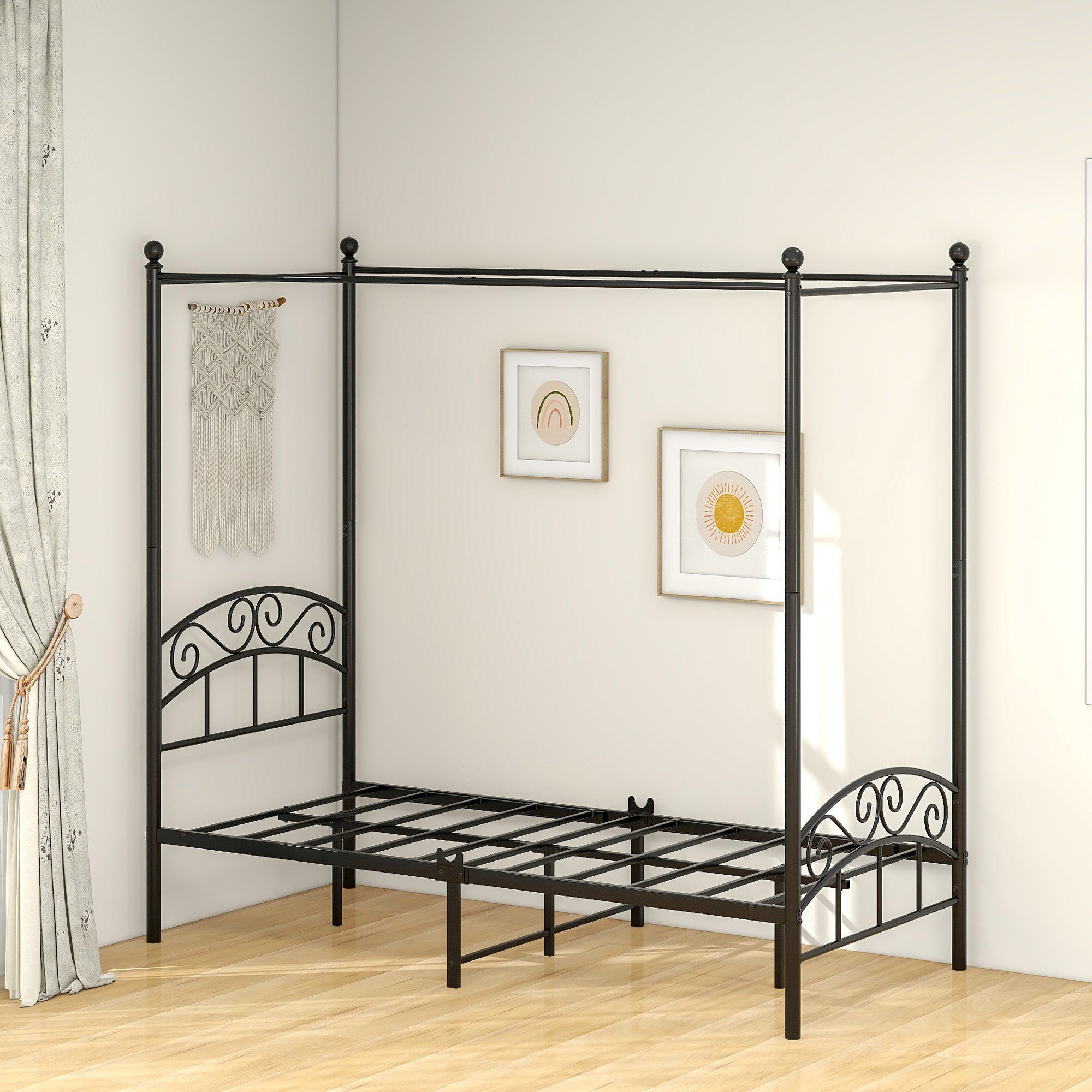 Gotagee Himmelbett Metallbett Himmelbett Schwarz 90x190cm Gästebett Eisenbett Einzelbett