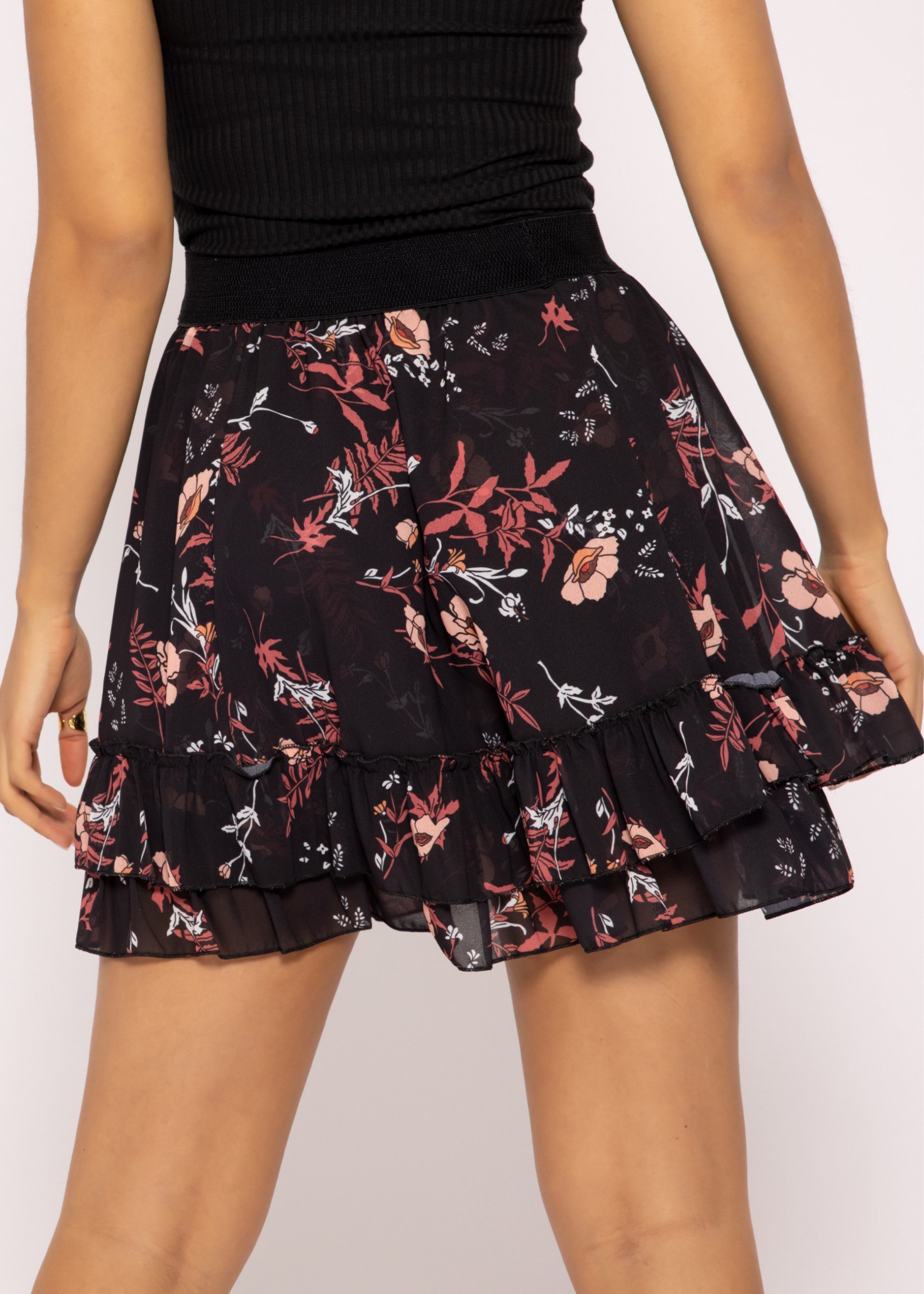 SASSYCLASSY Rüschenrock Mini Rock Damen mit Blumenmuster A-Linien-Rock kurz mit Gummibund, Volantrock mit floralem Alloverdruck, kurzer Chiffonrock mit 2 Volants, Made in Italy