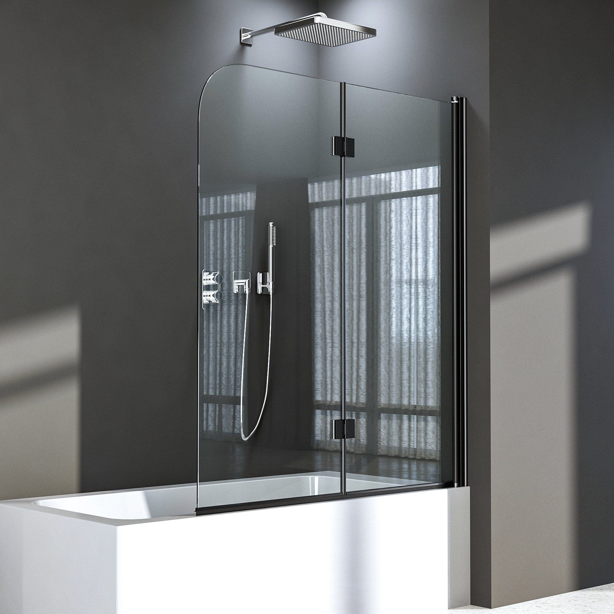 Boromal Badewannenfaltwand Badewannenaufsatz 2 teilig 6mm ESG glas mit Nano 110cm Faltbar Schwarz, 6mm Einscheibensicherheitsglas, Aluminiumprofile, NANO