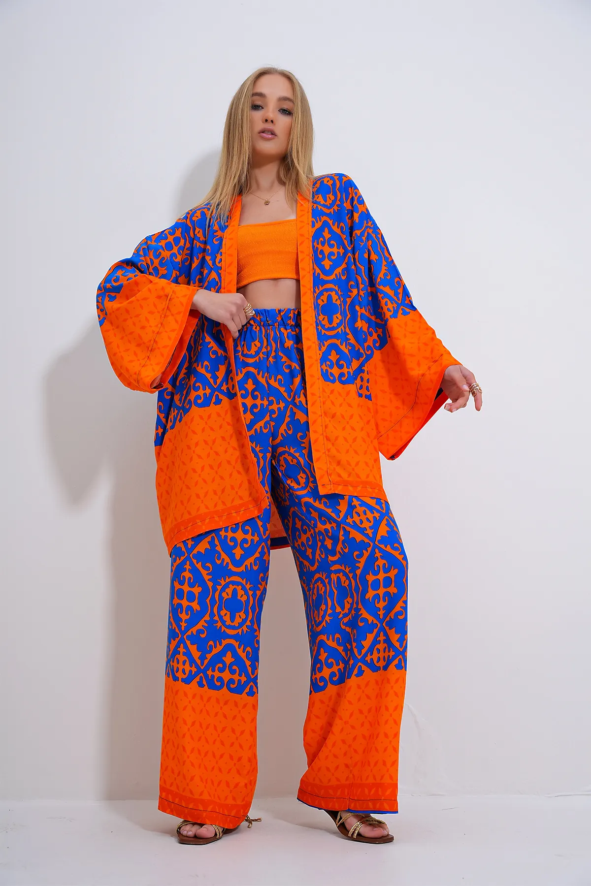 Trend Alaçatı Stili  Saks Orange Kimono und Palazzo-Hosen-Set - ALC-X11751