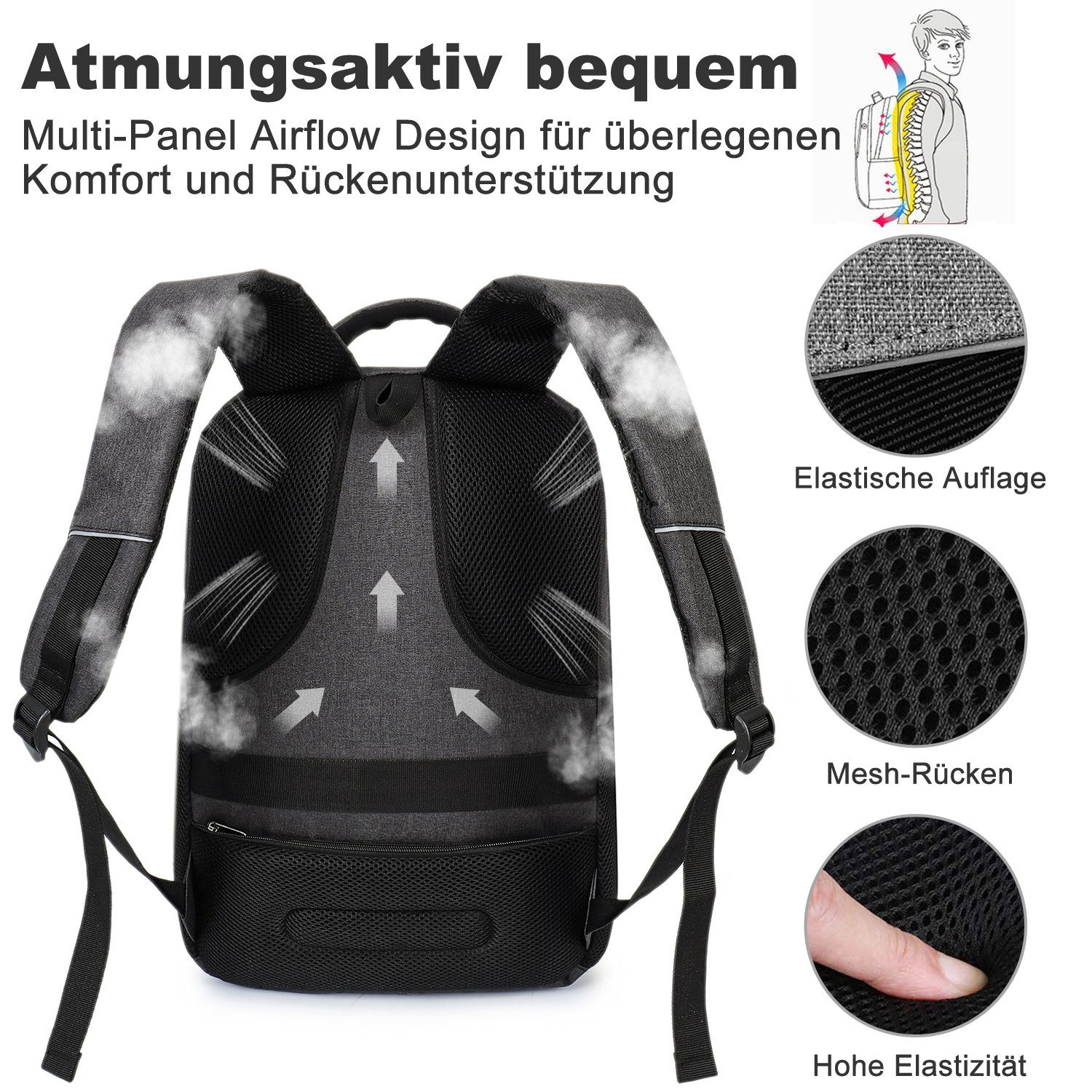 OSTWOLKE Laptoprucksack Laptop Rucksack Arbeit Reisen Wandern Schulrucksack Laptoptasche, mit Lptopfach, mit USB-Ladeanschluss