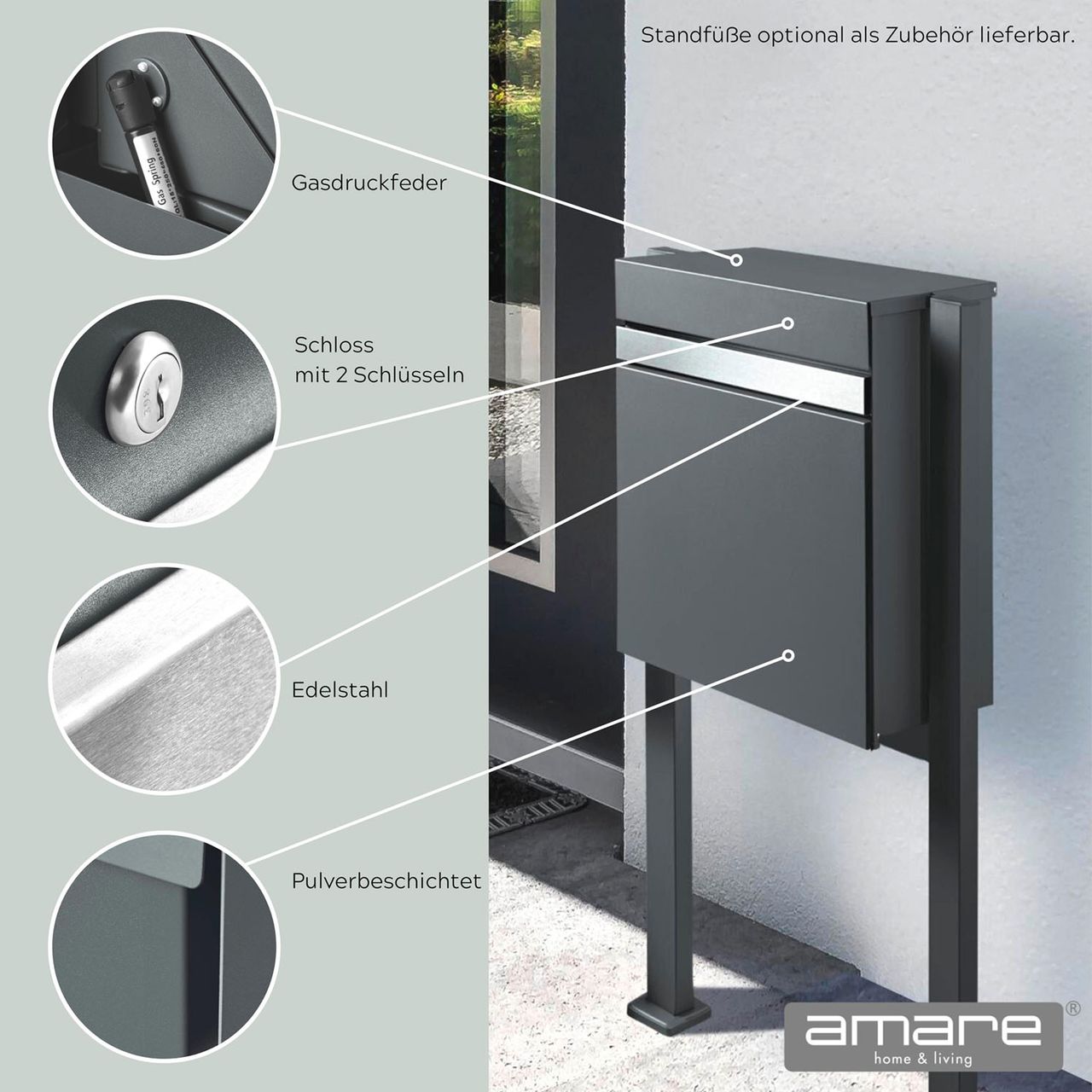 Weles AMARE DESIGN Paketbox Briefkasten Luxury mit Hausnummer - 58 x 44 x 35 cm - Anthrazit (7016)