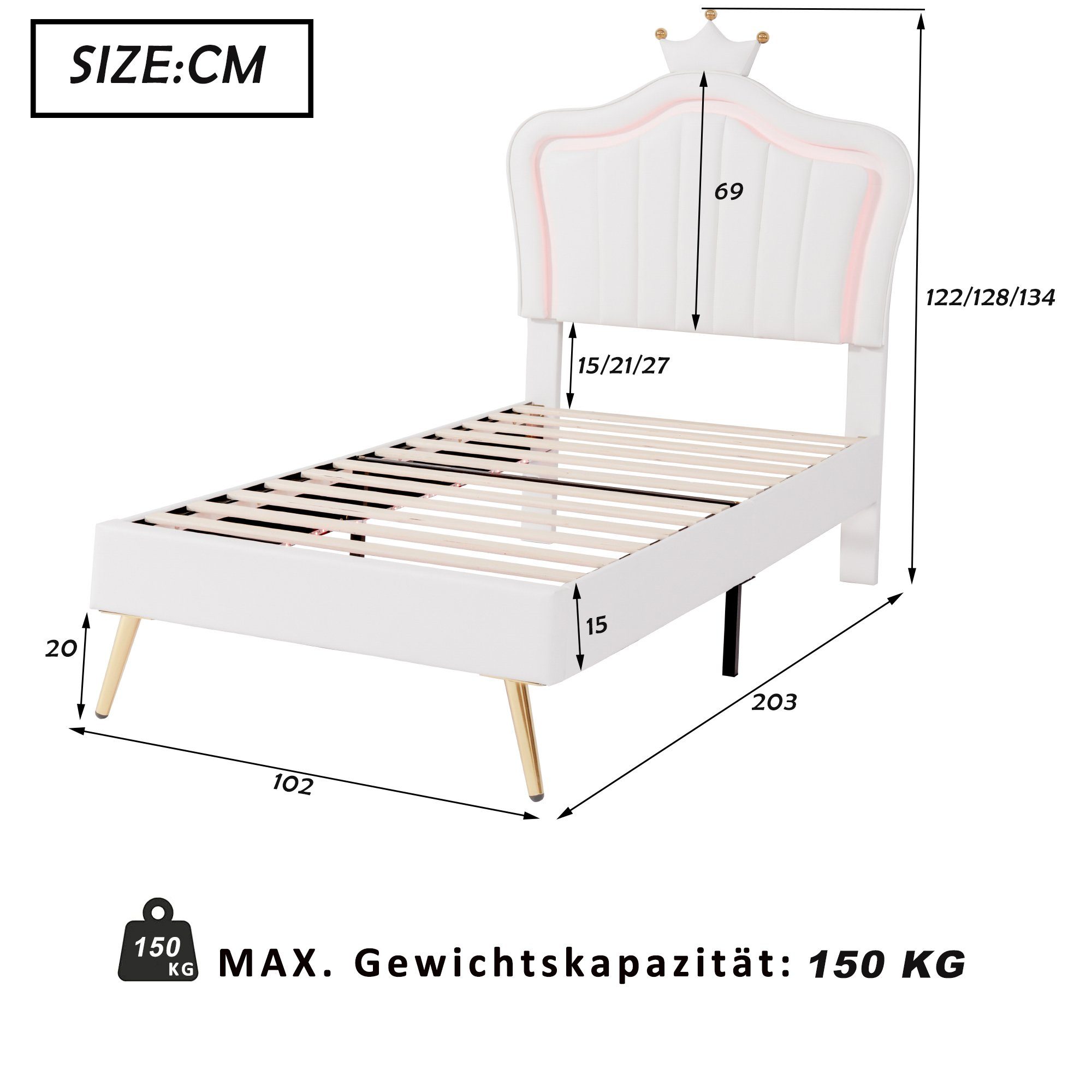 HAUSS SPLOE Polsterbett Polsterbett Funktionsbett Bettrahmen KInderbett (Bettgestell für Mädchen, weißes Kronen-Doppelbettgestell aus Leder, mit LED-Leuchten, Lattenrost und Rückenlehne 90 x 200 cm)