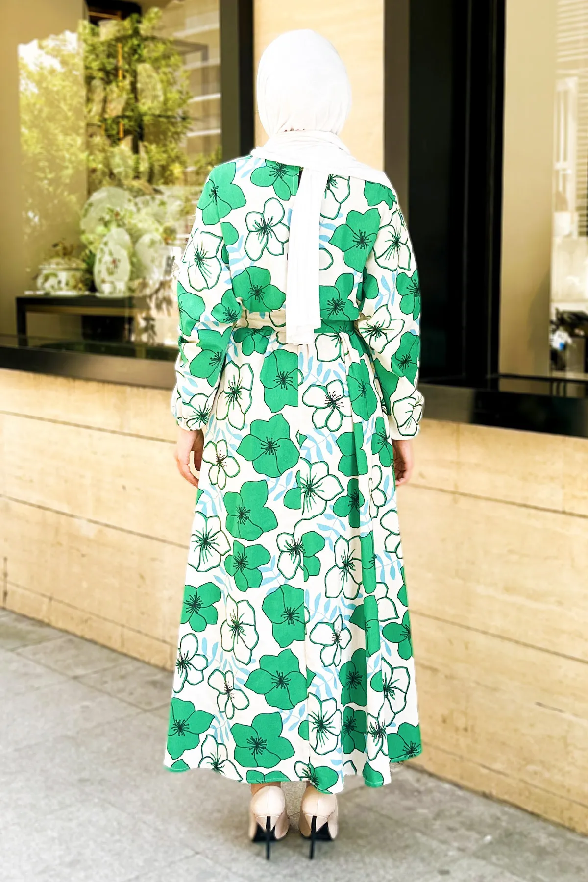 Tesettür Dünyası  Blumengemustertes Leinenkleid Tsd220803 Grün