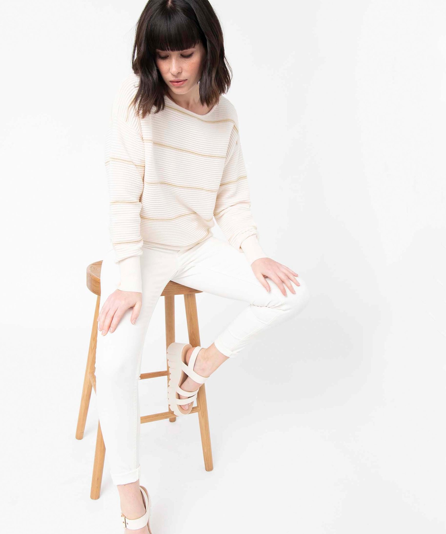 Pantalon femme en toile extensible coupe Skinny blanc | GEMO