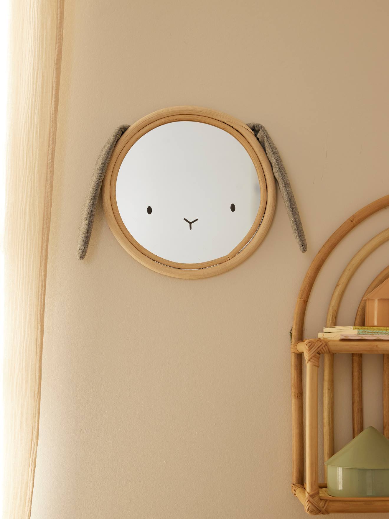 Vertbaudet Kinderzimmer Spiegel HASE, Rattan/Stoff - grau meliert