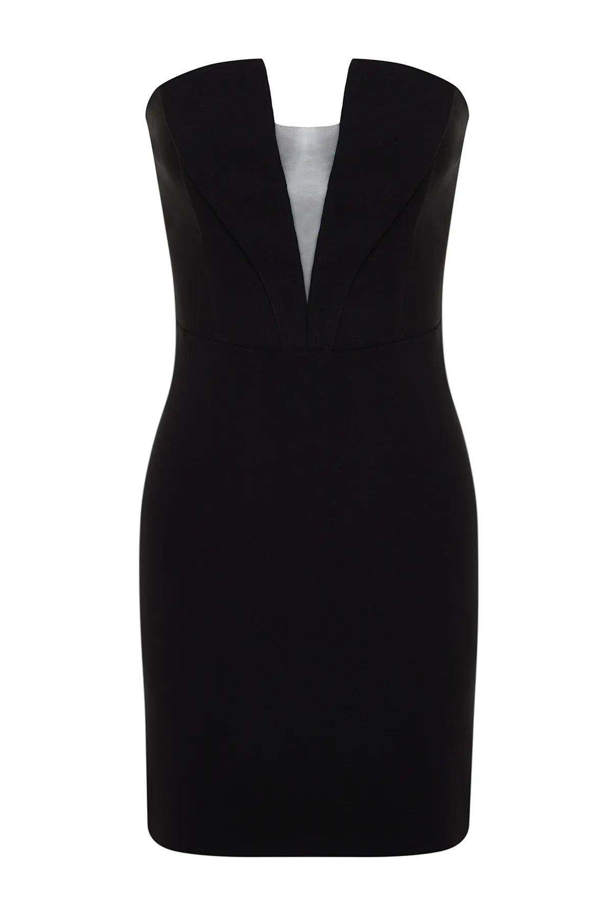 Trendyol Collection  Schwarzes, detailliertes Webkleid mit tiefem V-Ausschnitt TPRSS24EL00135