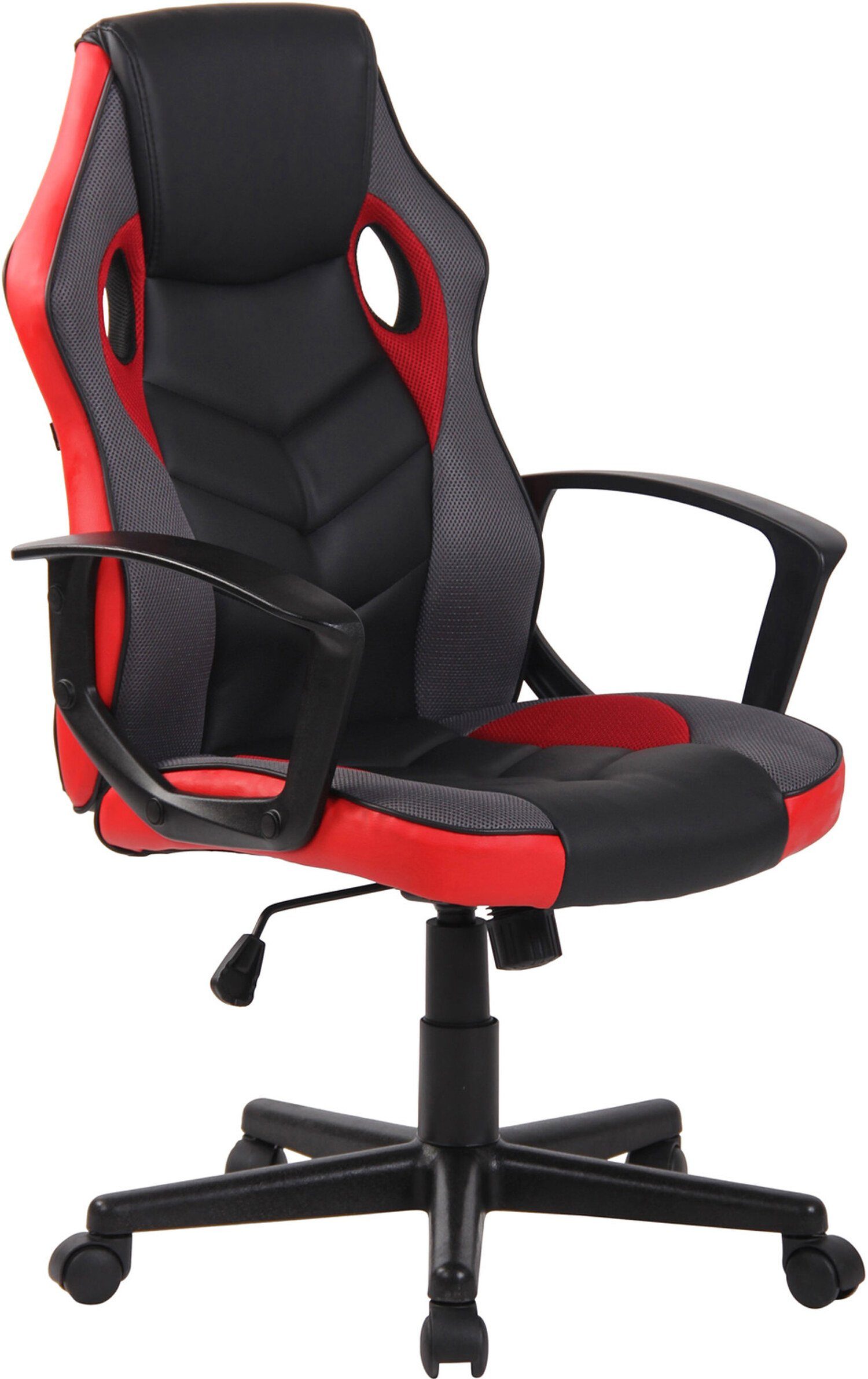 TPFLiving Gaming-Stuhl Glan mit bequemer Rückenlehne - höhenverstellbar und 360° drehbar (Schreibtischstuhl, Drehstuhl, Chefsessel, Konferenzstuhl), Gestell: Kunststoff schwarz - Sitz: Kunstleder, Netzbezug schwarz/rot