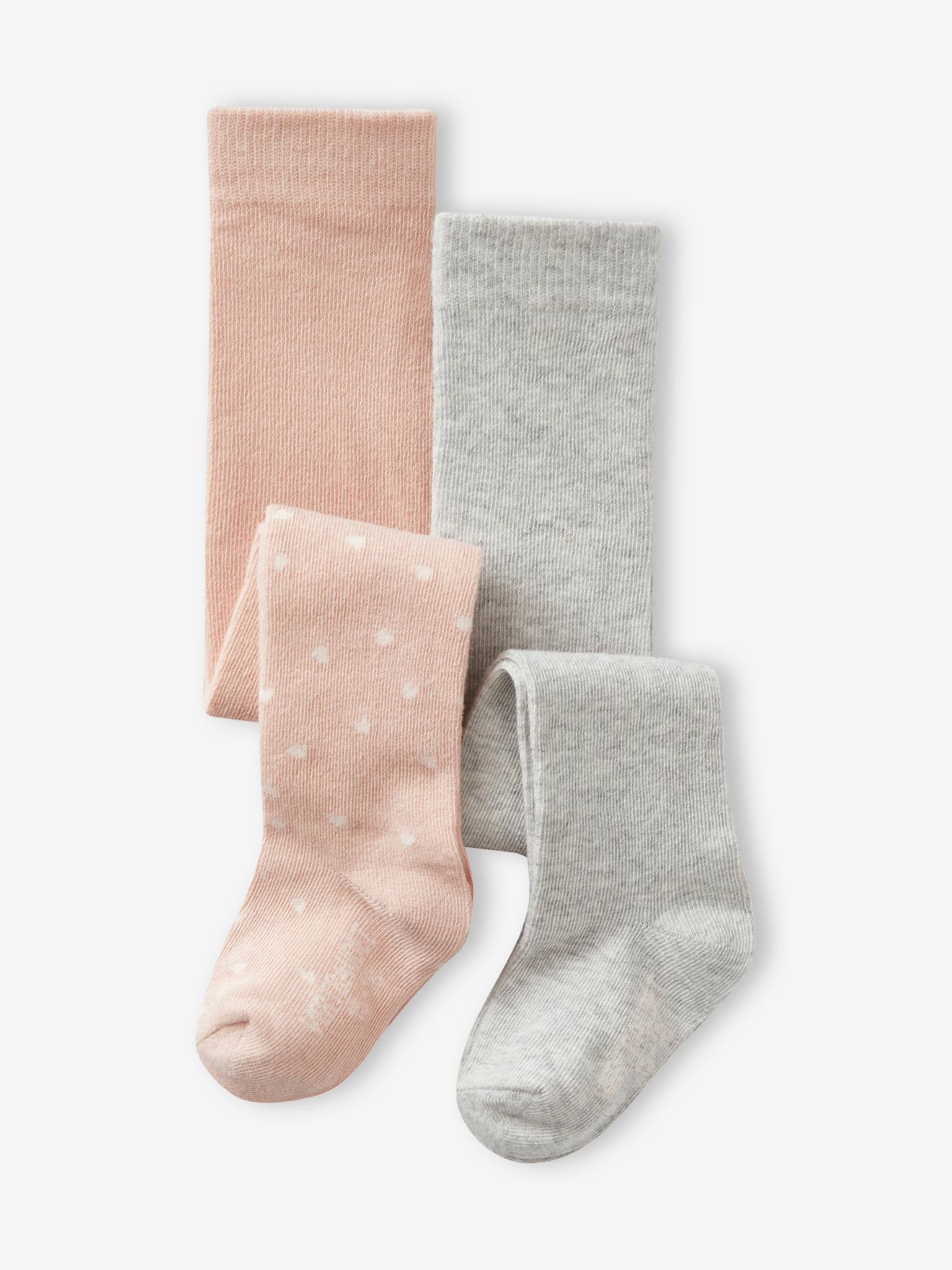 Lot de 2 paires de collants à coeurs/unis bébé fille gris chiné