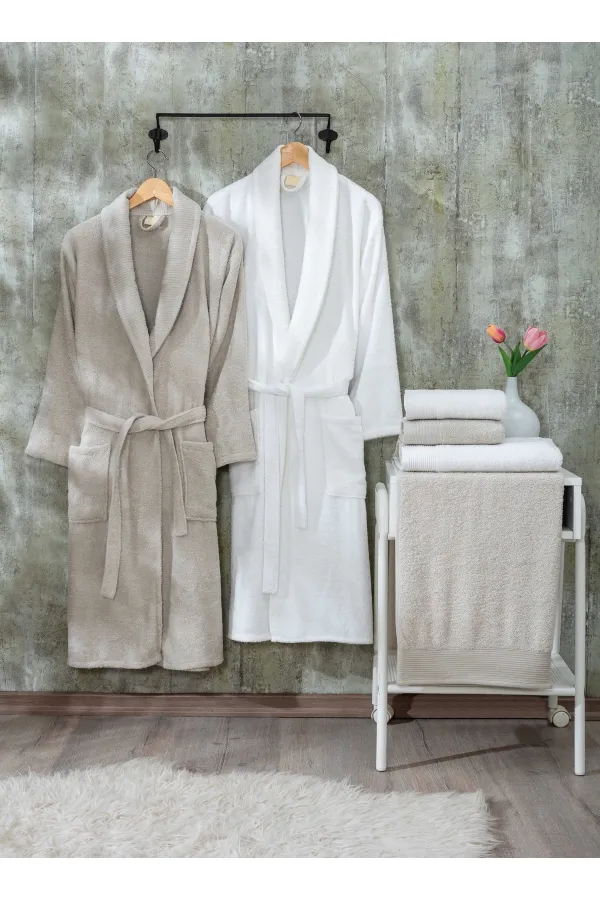 Güvenal  Esinti 12-teiliges Familien-Bademantel-Set aus natürlich gemusterter Baumwolle mit Box | Bademantel | Bademantel-Set | Mitgift festgelegt