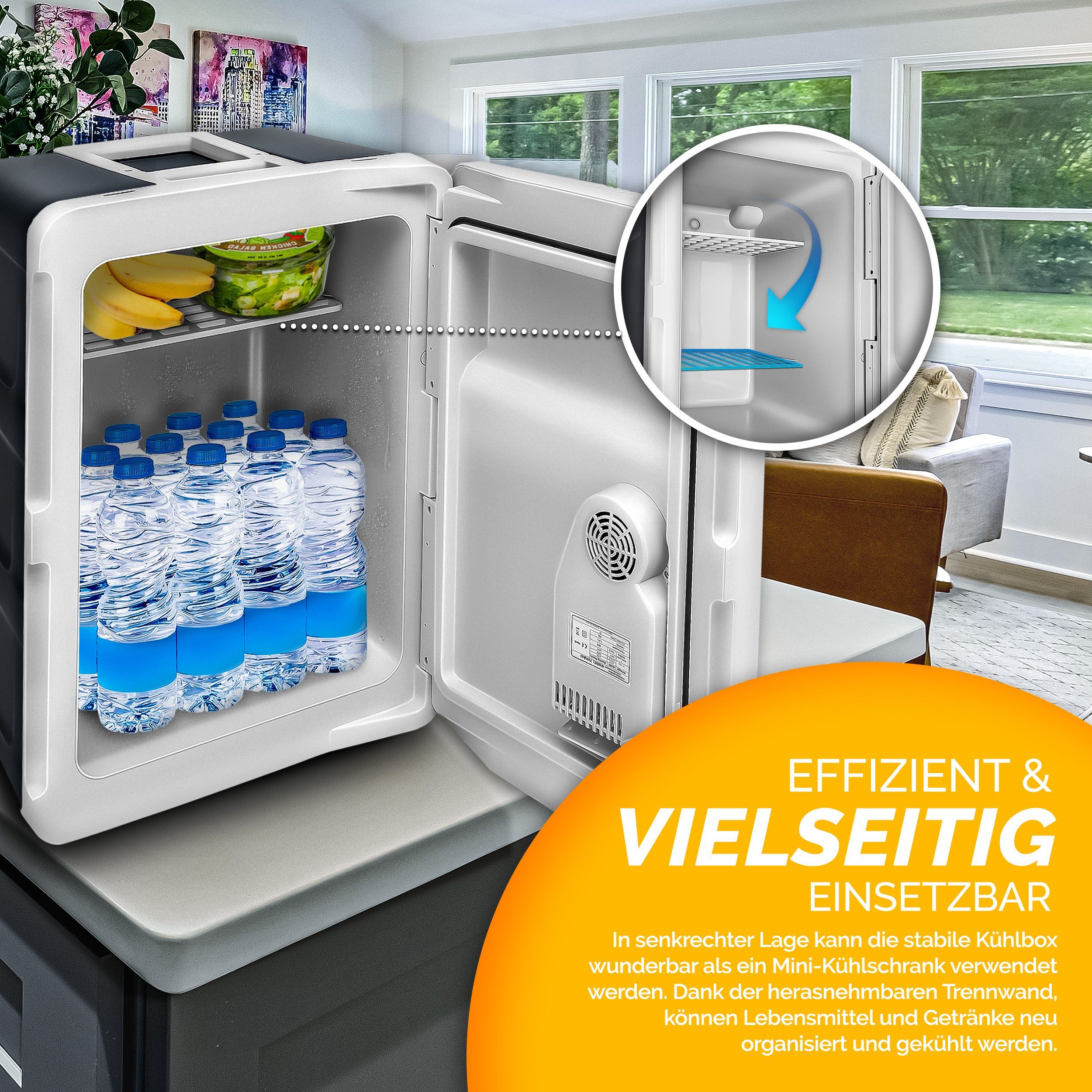 tillvex Kühlbox elektrisch 40L mit Rollen Mini-Kühlschrank, 230 V und 12 V für KFZ Auto Camping, kühlt & wärmt, ECO-Modus