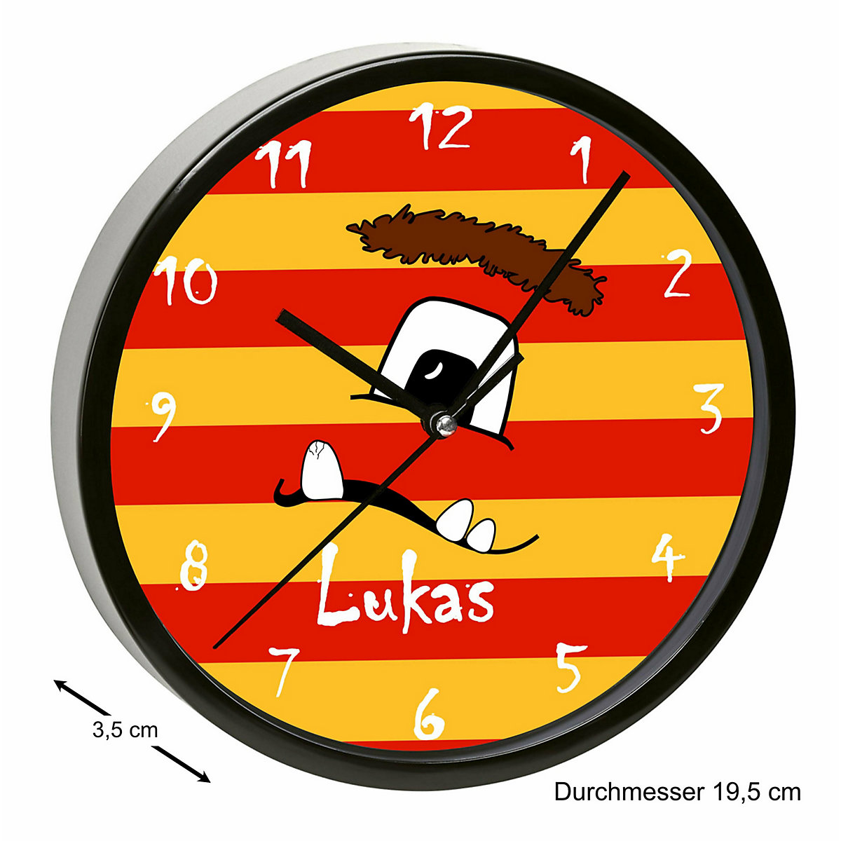 Kinder Wanduhr personalisiert mit Name Monster Streifen rot gelb