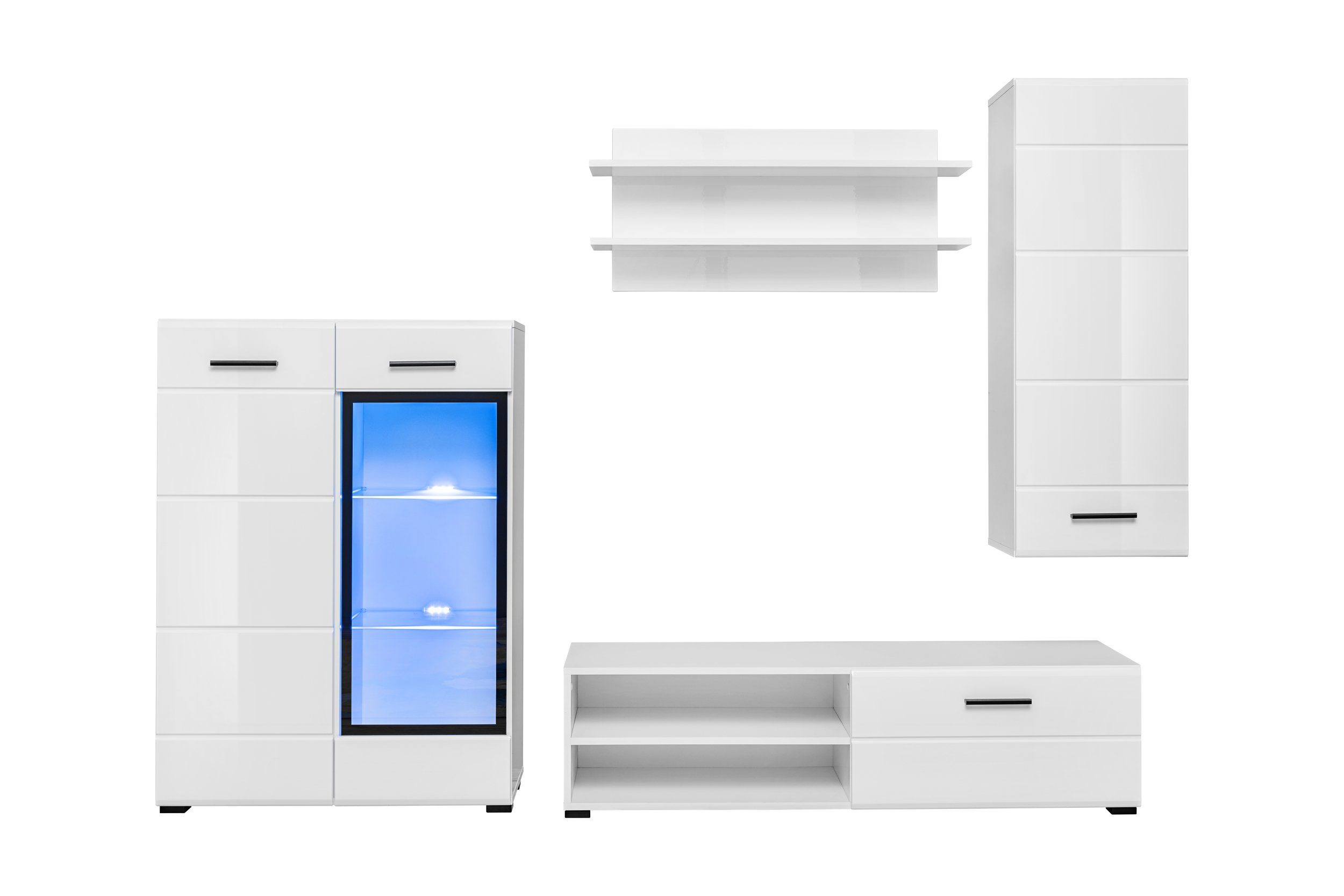 Stylefy Wohnwand Spree Weiß, Weiß Hochglanz, (Wohnmöbel, Wohnzimmer-Set, Set (4-St), bestehend aus 1xStandvitrine, 1xHängevitrine, 1xLowboard, 1xWandboard, inkl. LED-Beleuchtung, mit Glaseinsatz,variabel stellbar und hängbar, Hochglanzfronten