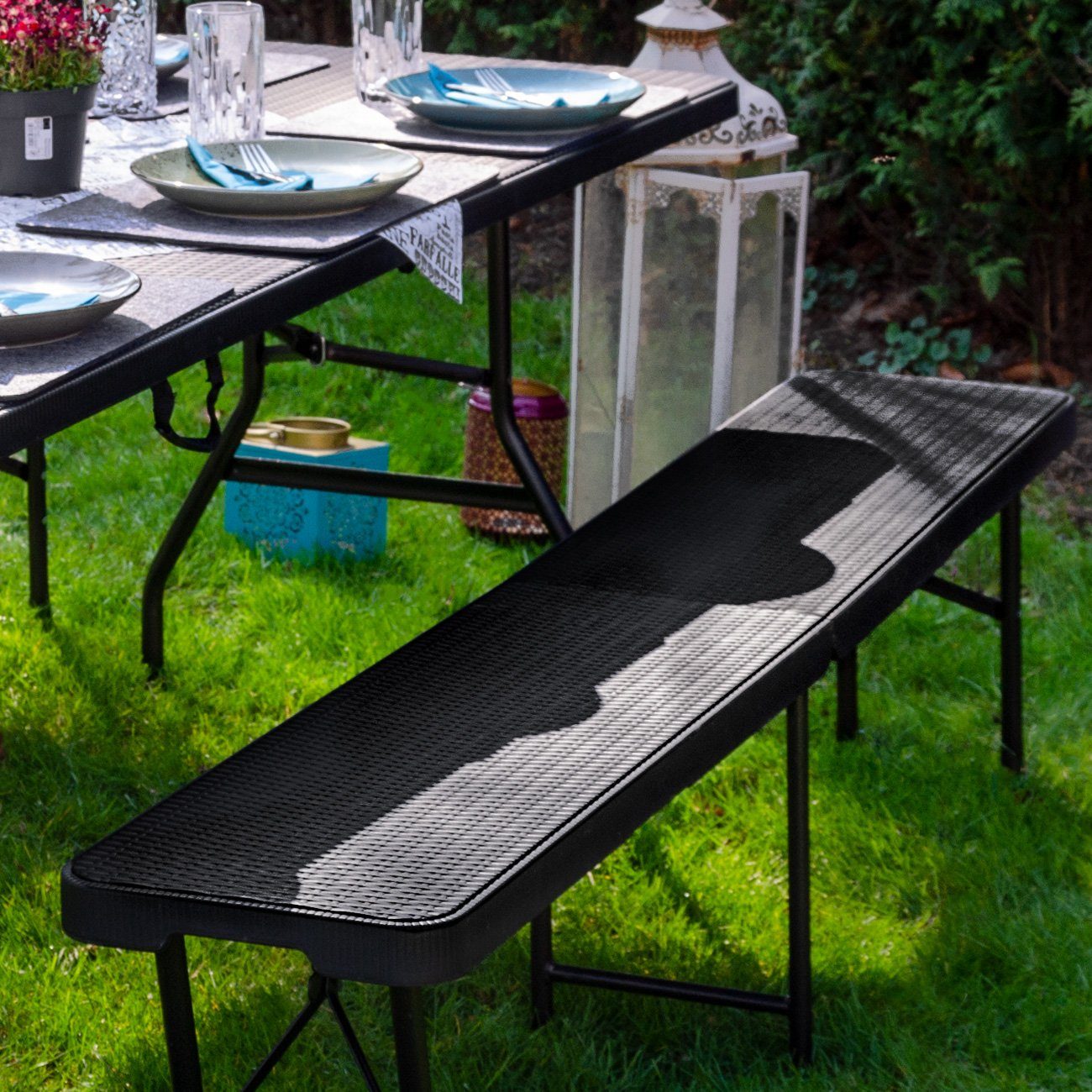 AMANKA Bierzeltgarnitur Bierbank Rattan Look Kunststoff Bank Sitzbank, Klappbar 184x30x43 Gartenbank
