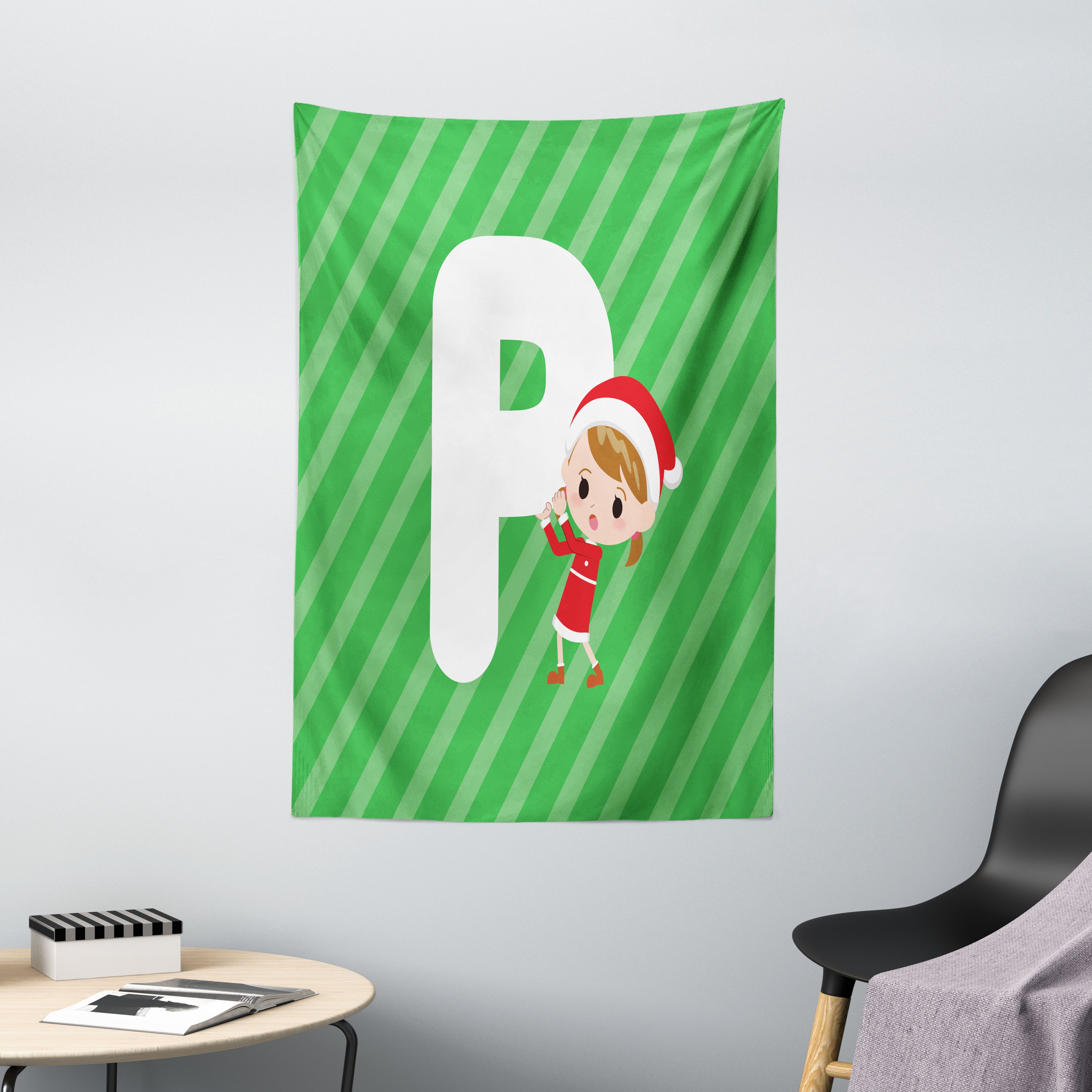 Wandteppich Wohnzimmer Schlafzimmer Wandtuch Seidiges Satin Wandteppich, Abakuhaus, rechteckig, Weihnachtsalphabet Initialen Konzept