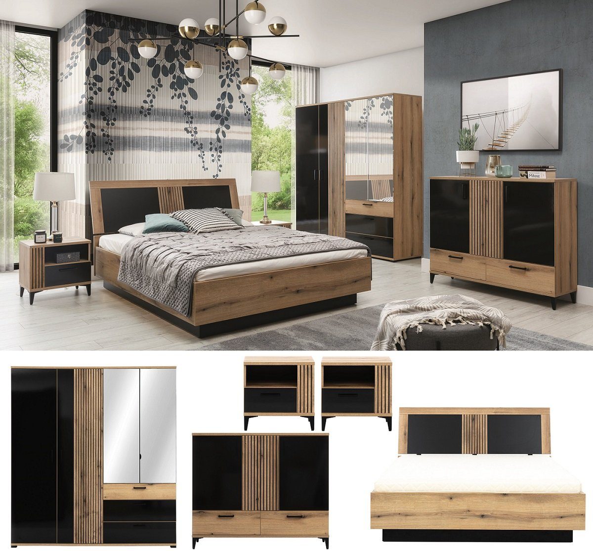 QMM TraumMöbel Schlafzimmer-Set Schlafzimmer Aria Set B Bett Schrank Nachttische Kommode LED
