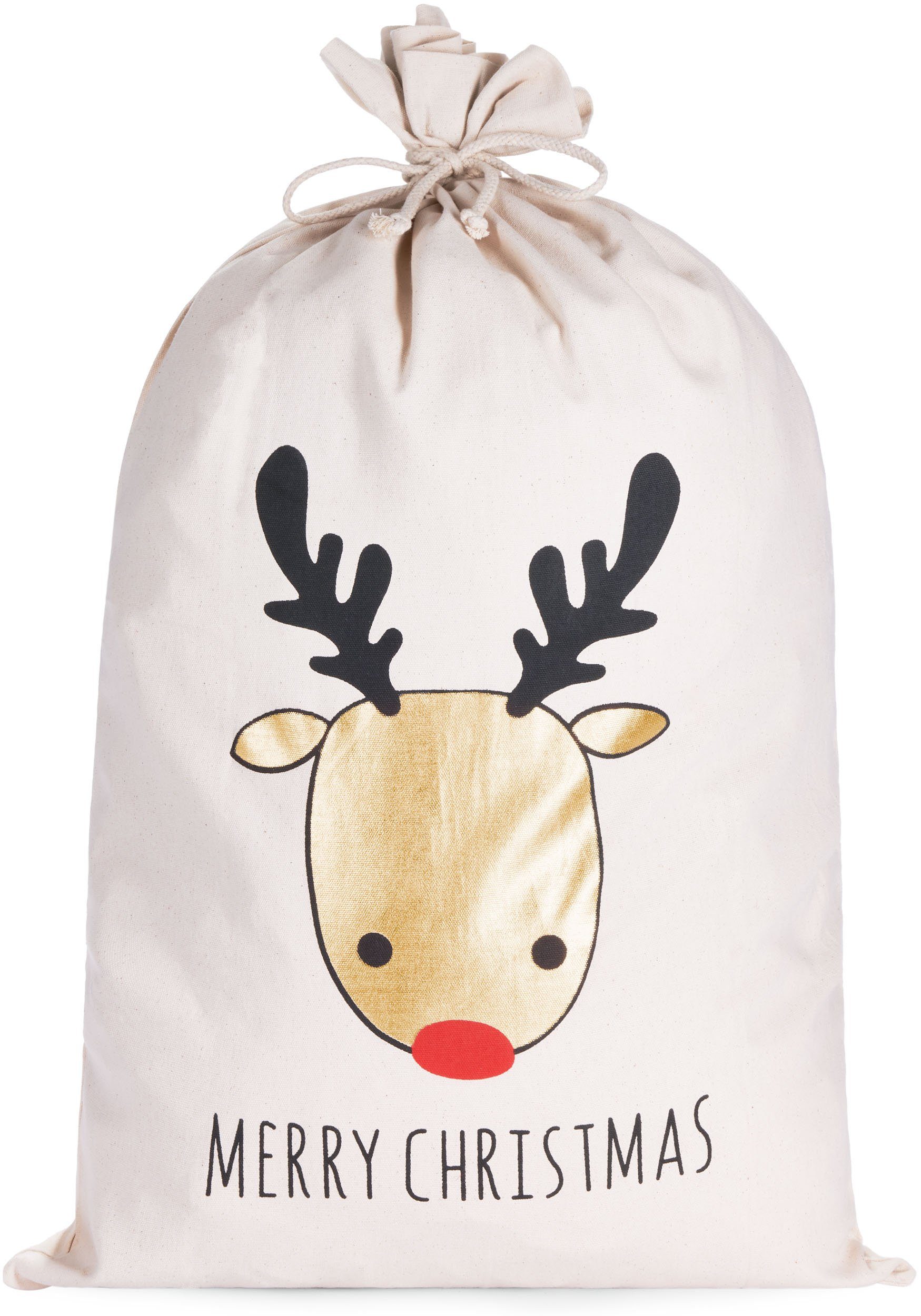 BRUBAKER Aufbewahrungstasche Weihnachtssack Rentier Gold - Merry Christmas (Nikolaussack Rentierkopf, 1-tlg., Sack Baumwolle mit Kordel zum Verpacken von Geschenken), 80 cm Geschenksack Weihnachten