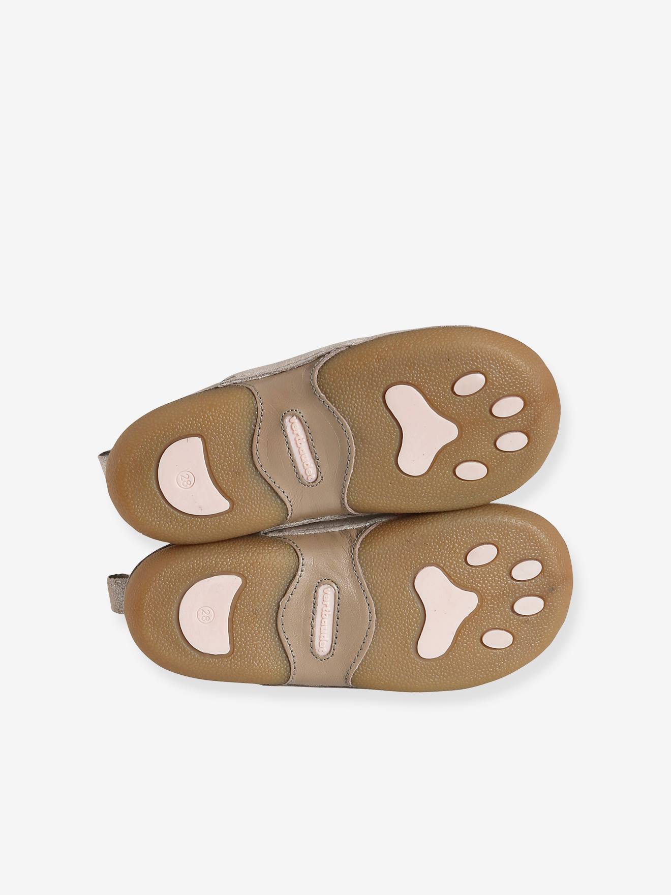 Chaussons fourrés élastiqués fille en cuir beige pailleté