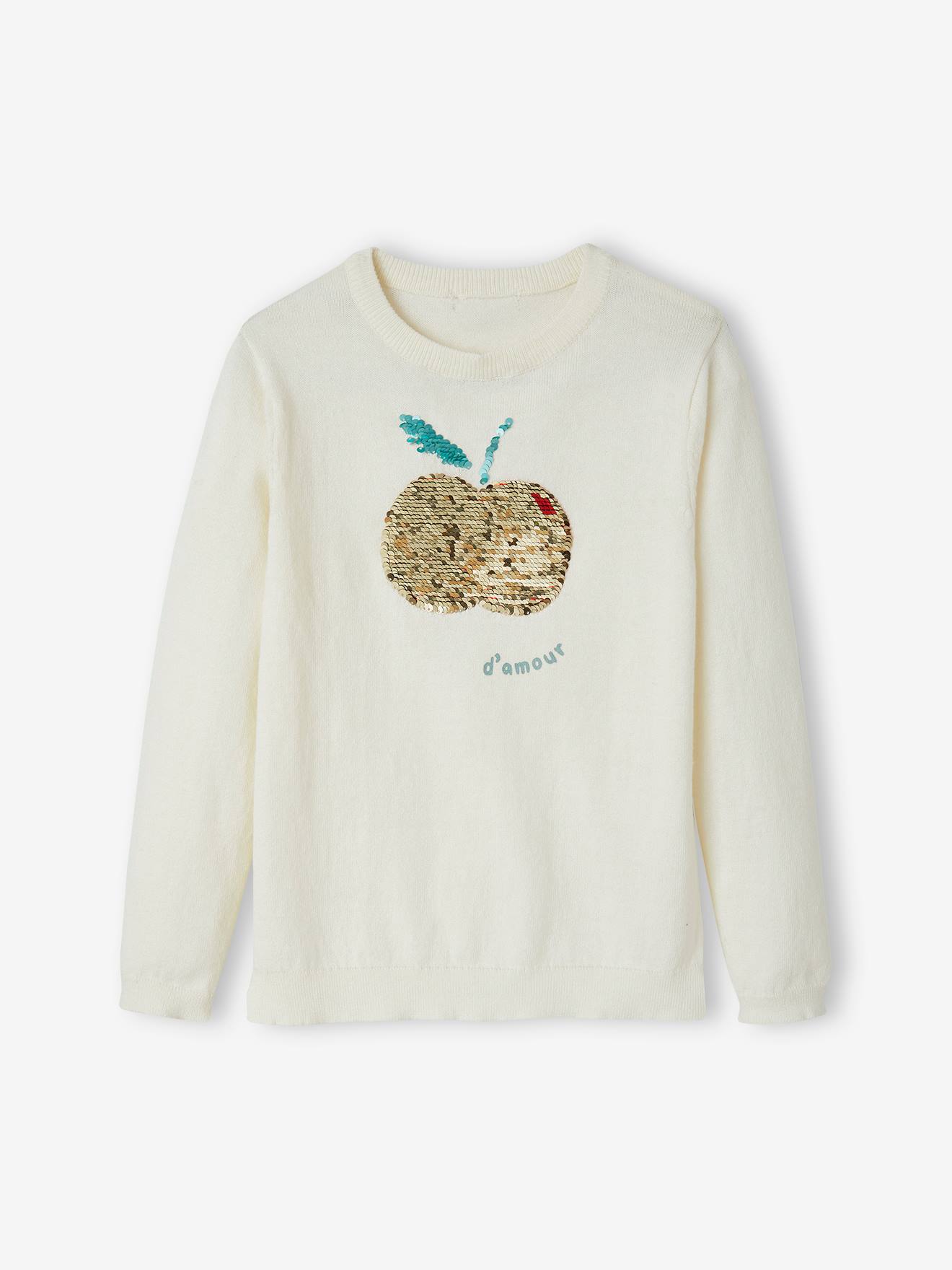 Pull fille motif en sequins réversibles écru