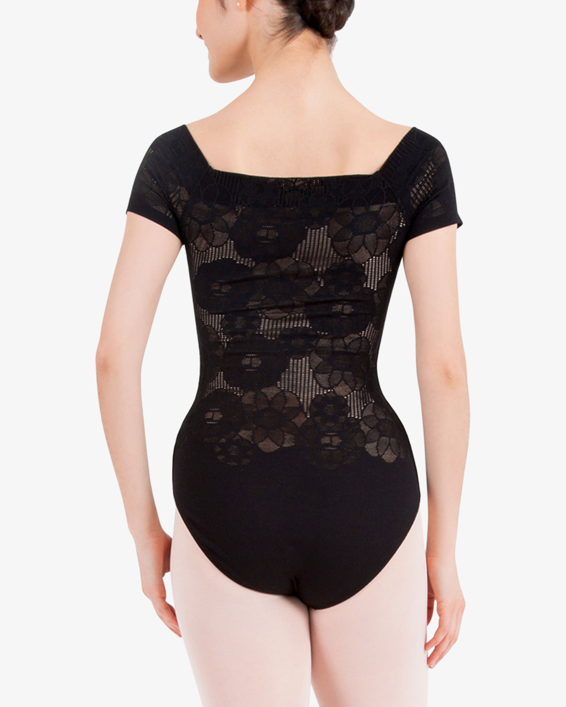 Short sleeves rosette lace leotard