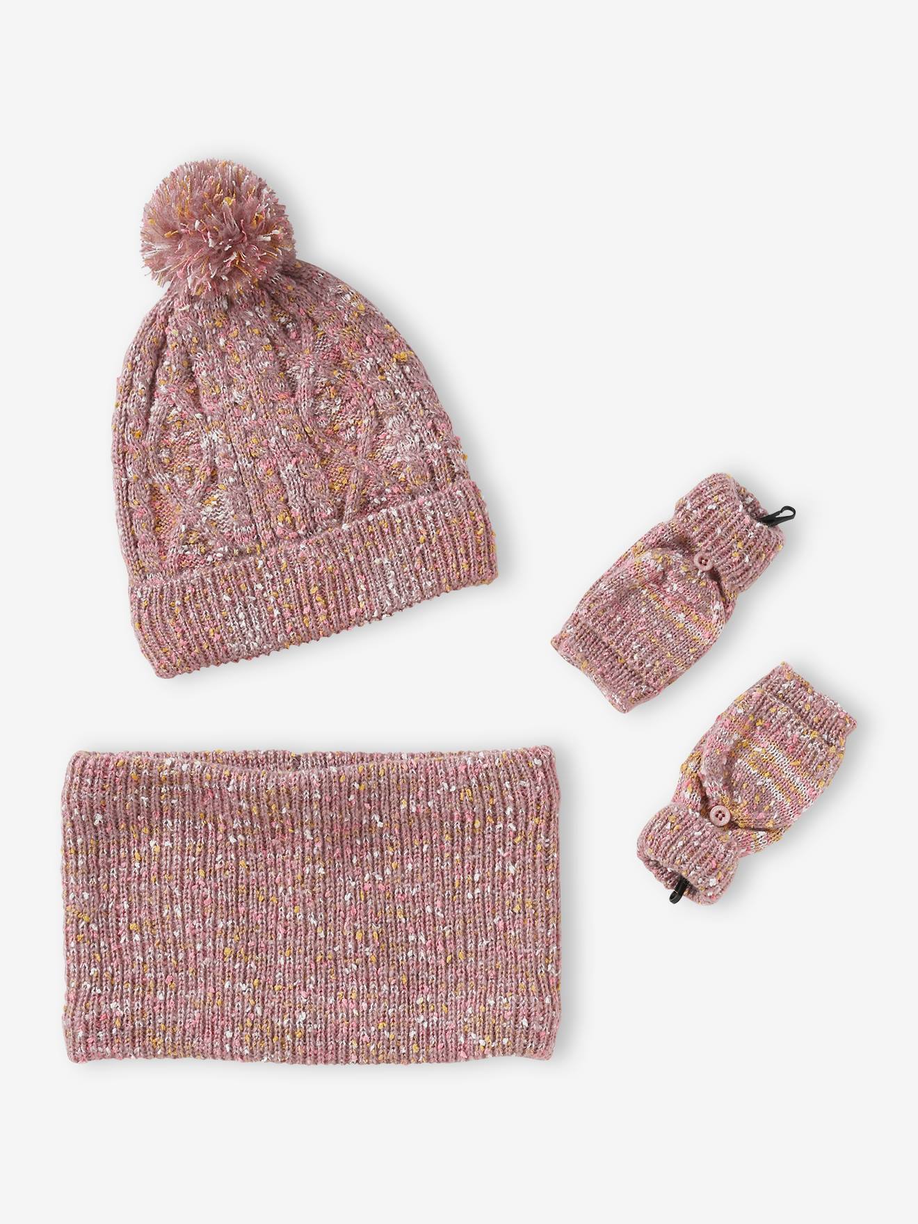 Vertbaudet Mädchen-Set: Mütze, Rundschal & Handschuhe - malve