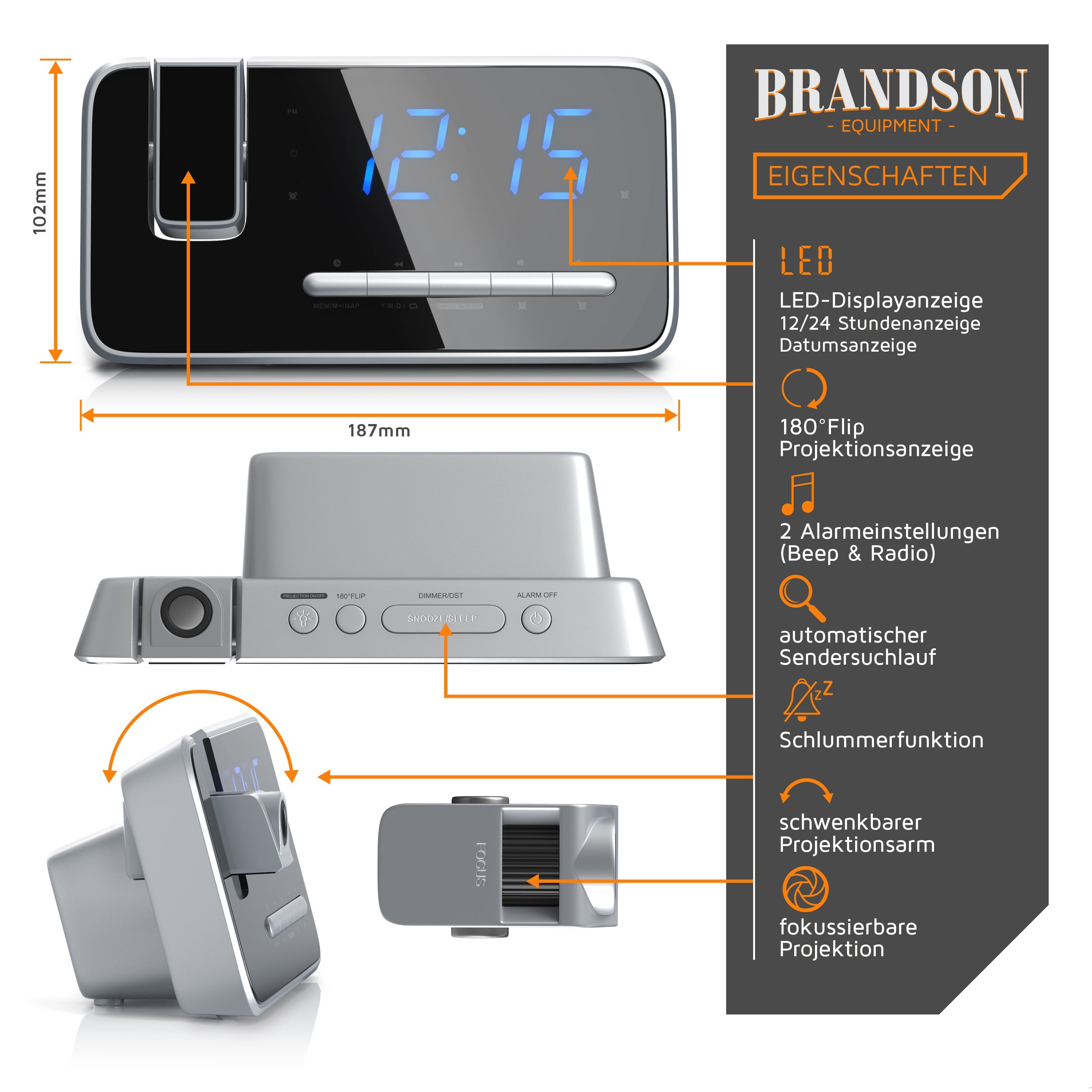 Brandson Radiowecker FM Radio Wecker, Projektionsanzeige, 4,7