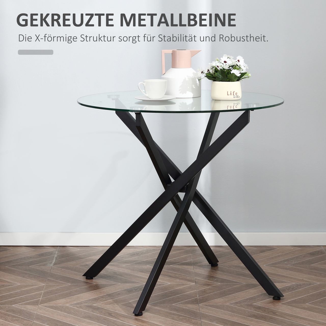 HOMCOM Beistelltisch mit Sicherheitsglas runder Couchtisch Kaffeetisch Glastisch für Wohnzimmer Schlafzimmer Metall Schwarz 80 x 80 x 75 cm