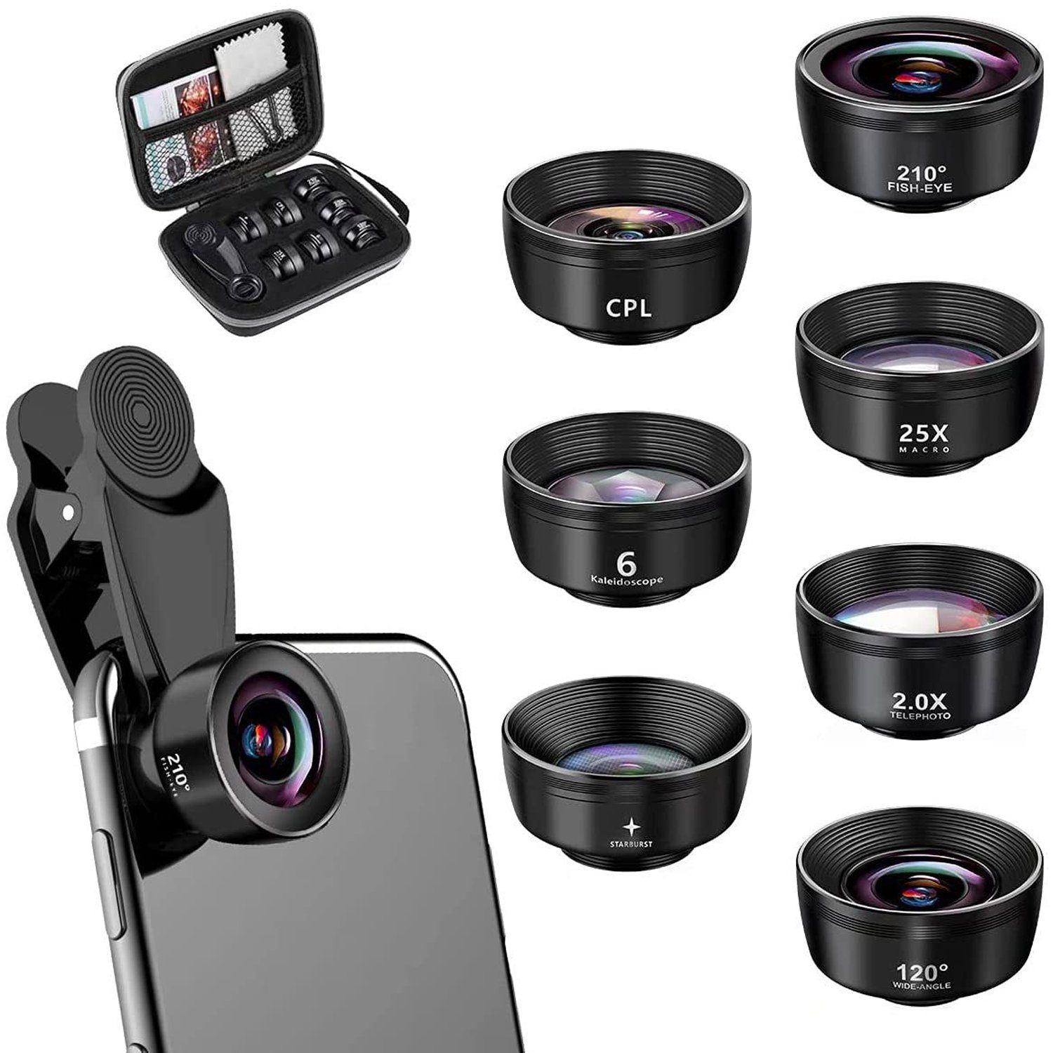 Dedom Objektive für Mobiltelefone, 7 in 1 Handy Objektiv Kit, Ultra-Weitwinkelobjektiv, (Universal Handy Objektiv, mit Reißverschlusstasche)
