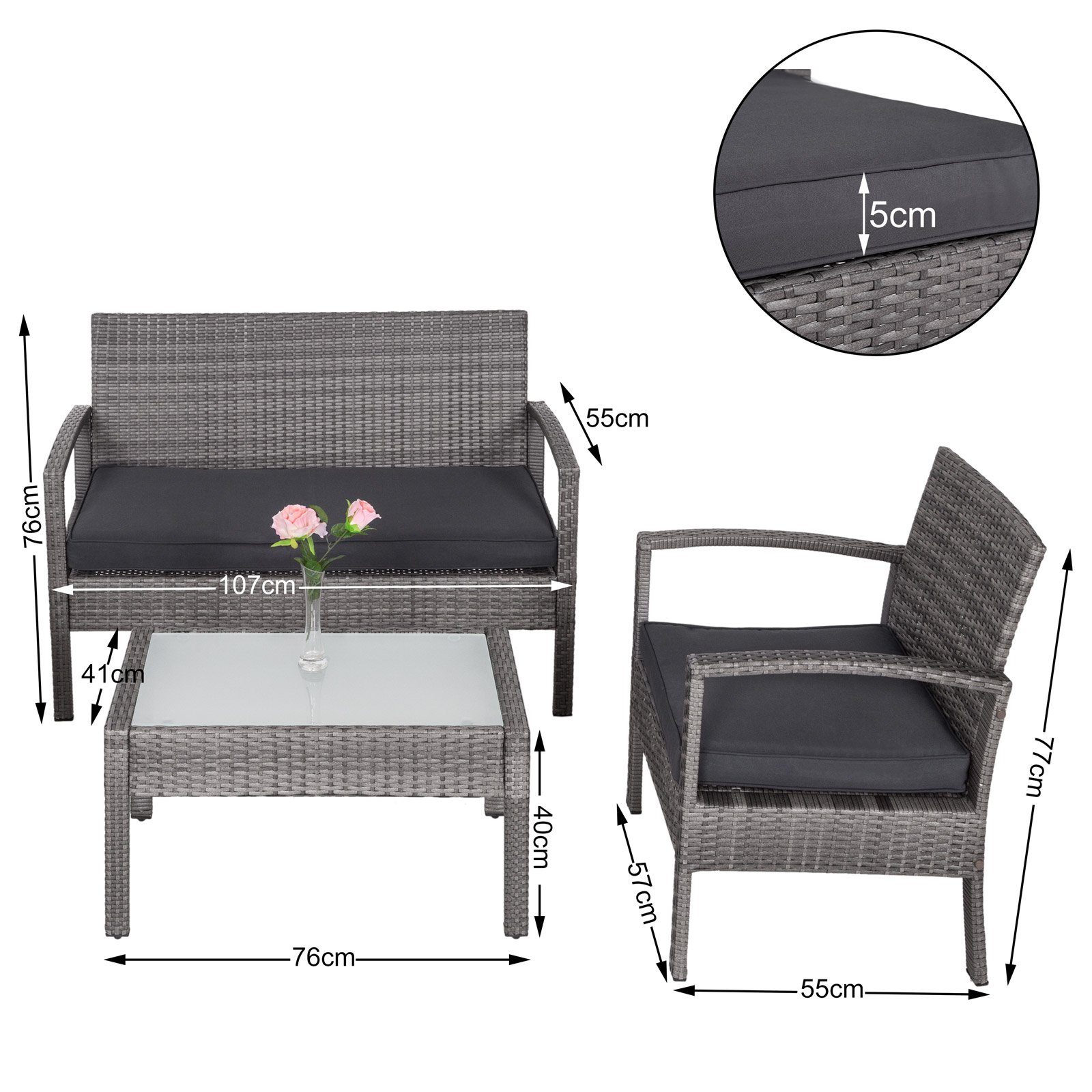 Casaria Balkonset, Polyrattan 5cm Auflagen 5mm Sicherheitsglasplatte 7tlg Wetterfest Grau