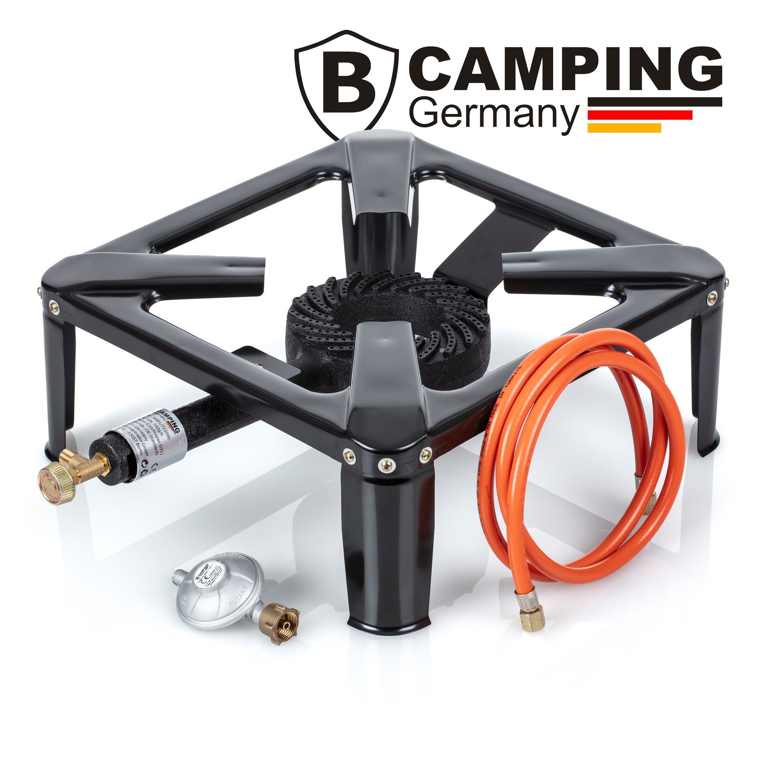 bahama Gaskocher B CAMPING GERMANY® Gaskocher inkl. Gasschlauch mit Druckminder, 50 mbar - robuster Campingkocher leistungsstark 7,5 KW - Hockerkocher