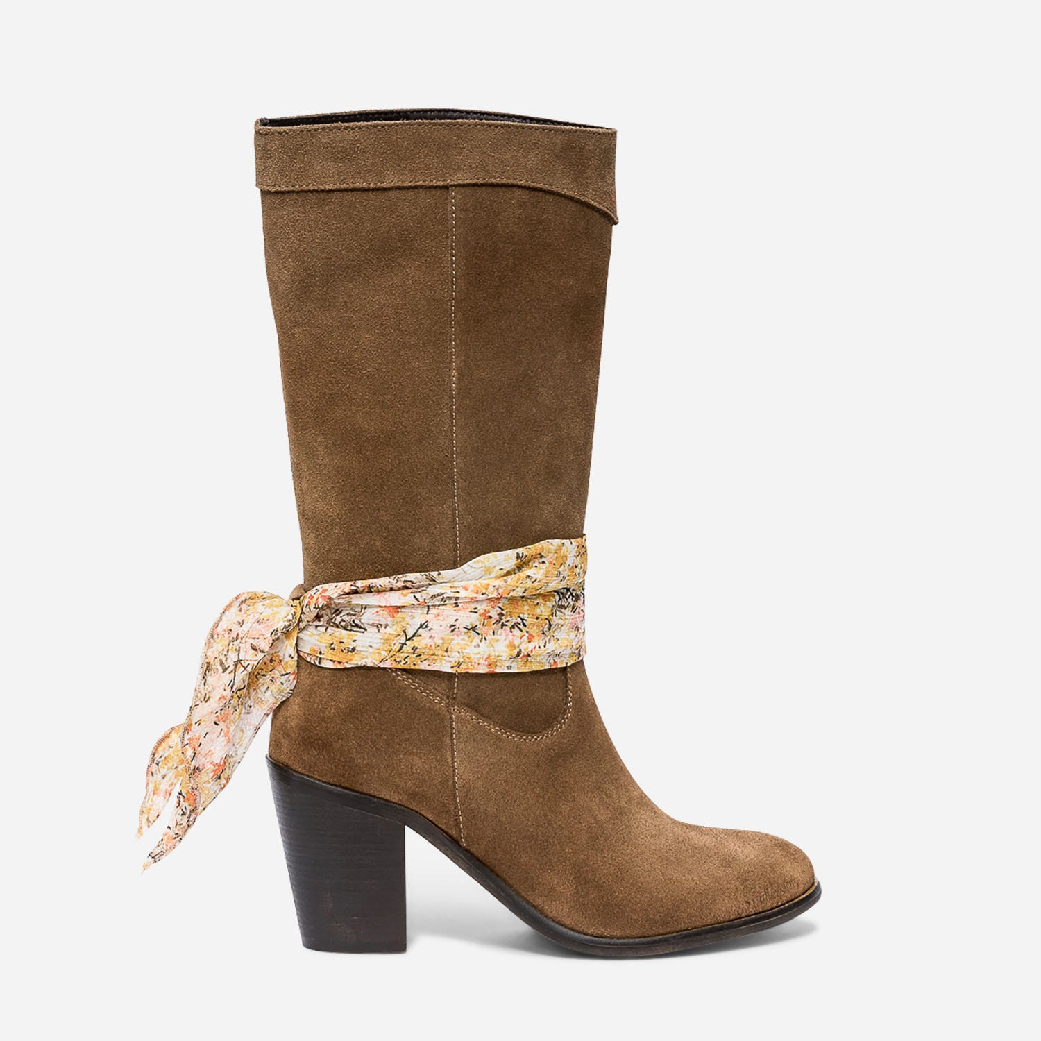 Botte courte TEXTO camel en cuir velours avec ruban