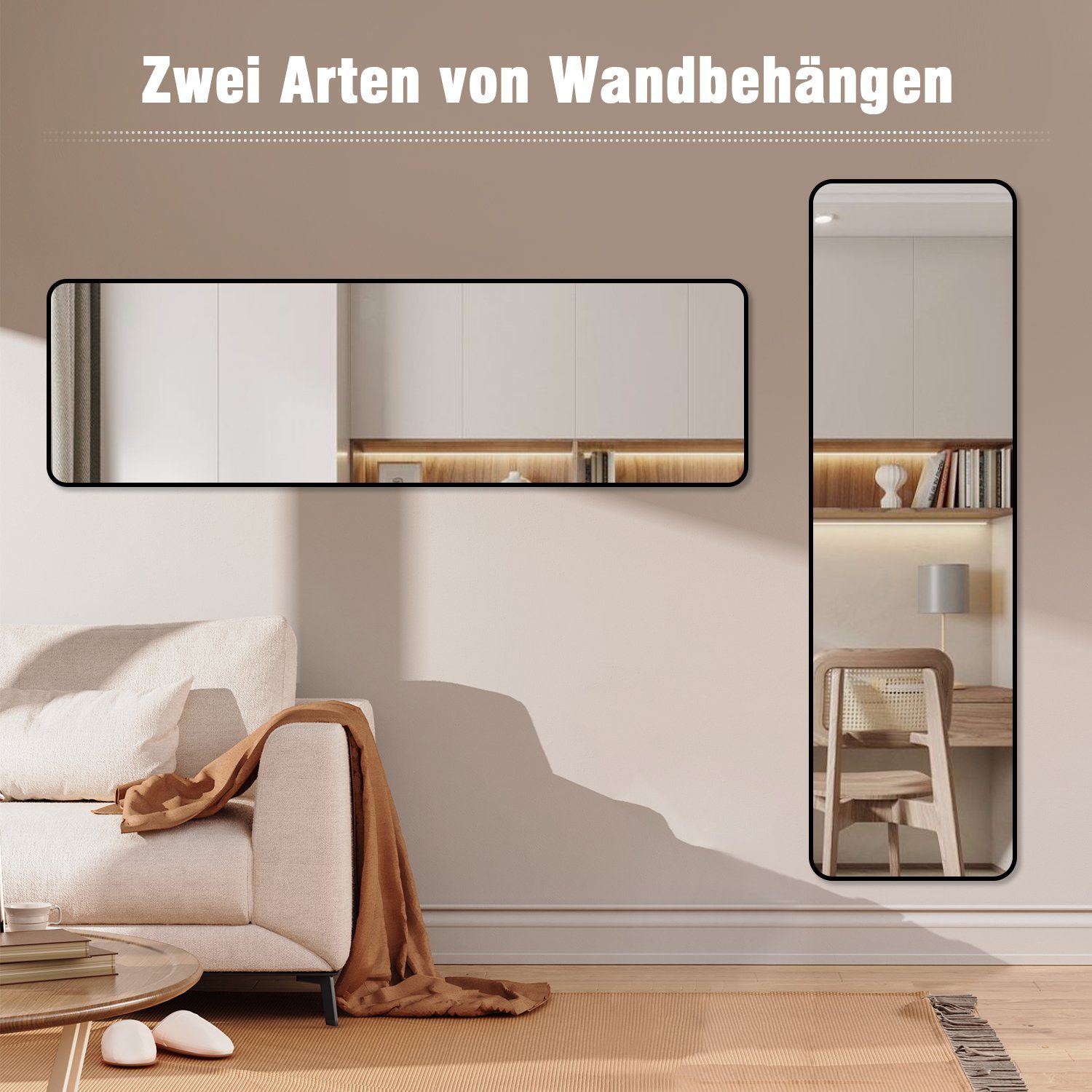 Boromal Standspiegel Spiegel groß Schwarz Wandspiegel Ganzkörperspiegel Flurspiegel (Hochspiegel Arched Rechteckig Eckig, 160x40,150x50,140x40cm), 2 Montagemöglichkeiten