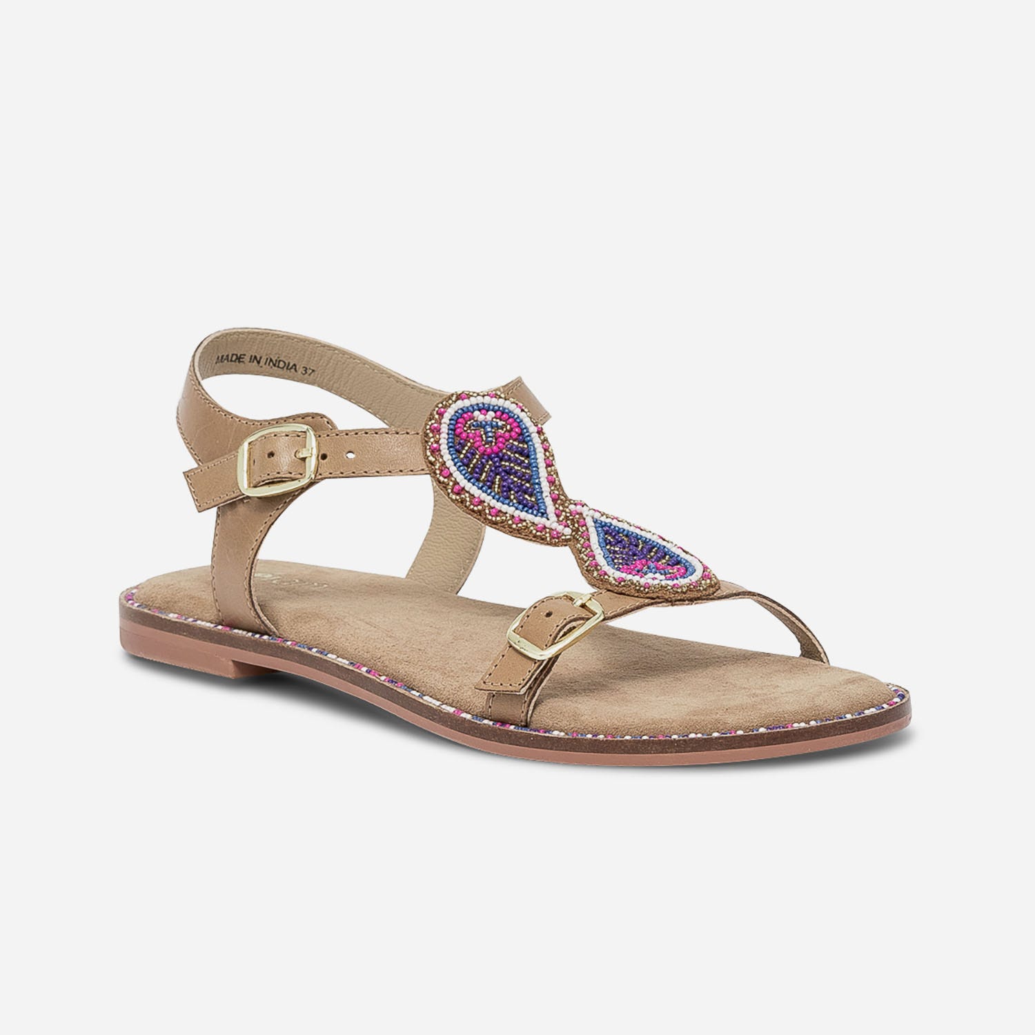 Sandale camel en cuir à plastron perlé