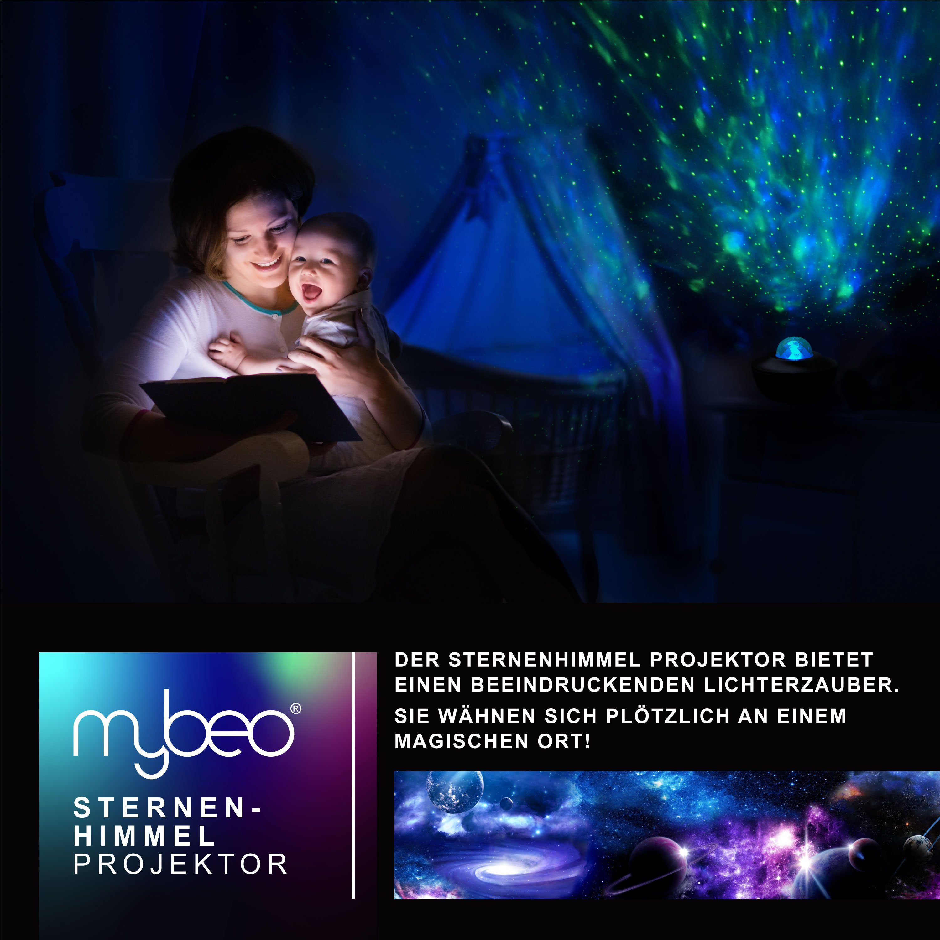MyBeo LED-Sternenhimmel, Dimmfunktion; Ein-/Ausschalter; Farbwechsel, LED fest integriert, LED Sternenprojektor 360°, Timer, Kinder, Sternenhimmel Nachtlicht