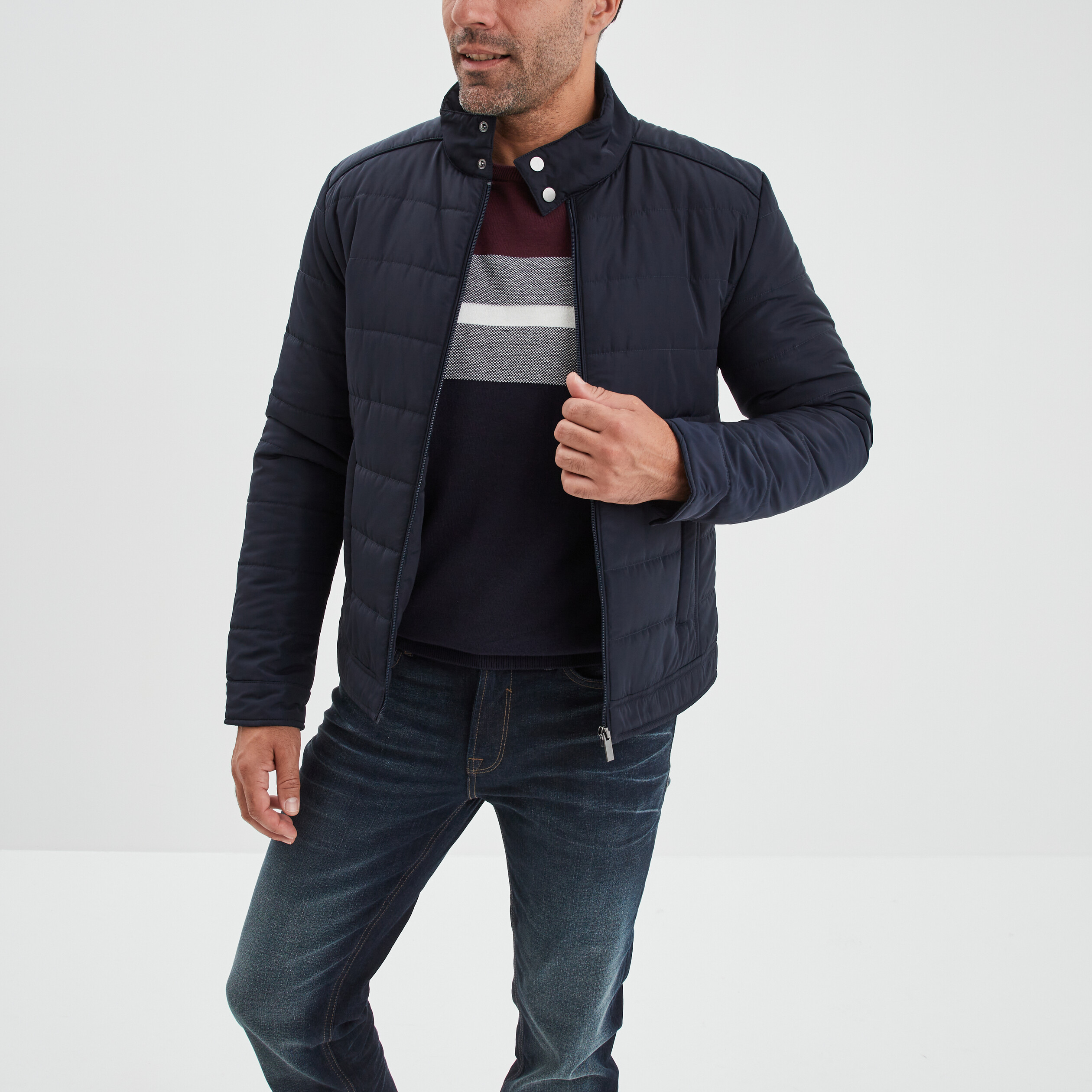 Blouson court zippé col montant bleu marine homme | La Halle
