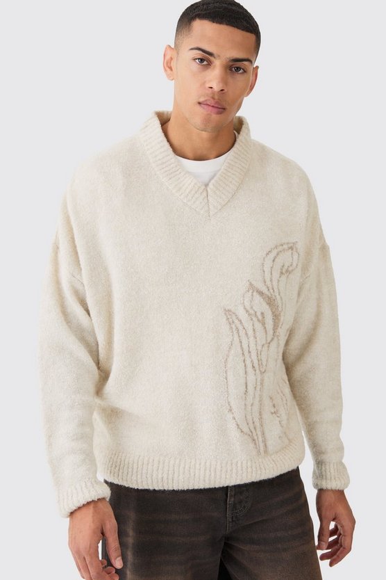 Kastiger strukturierter Bouclee-Pullover mit V-Ausschnitt