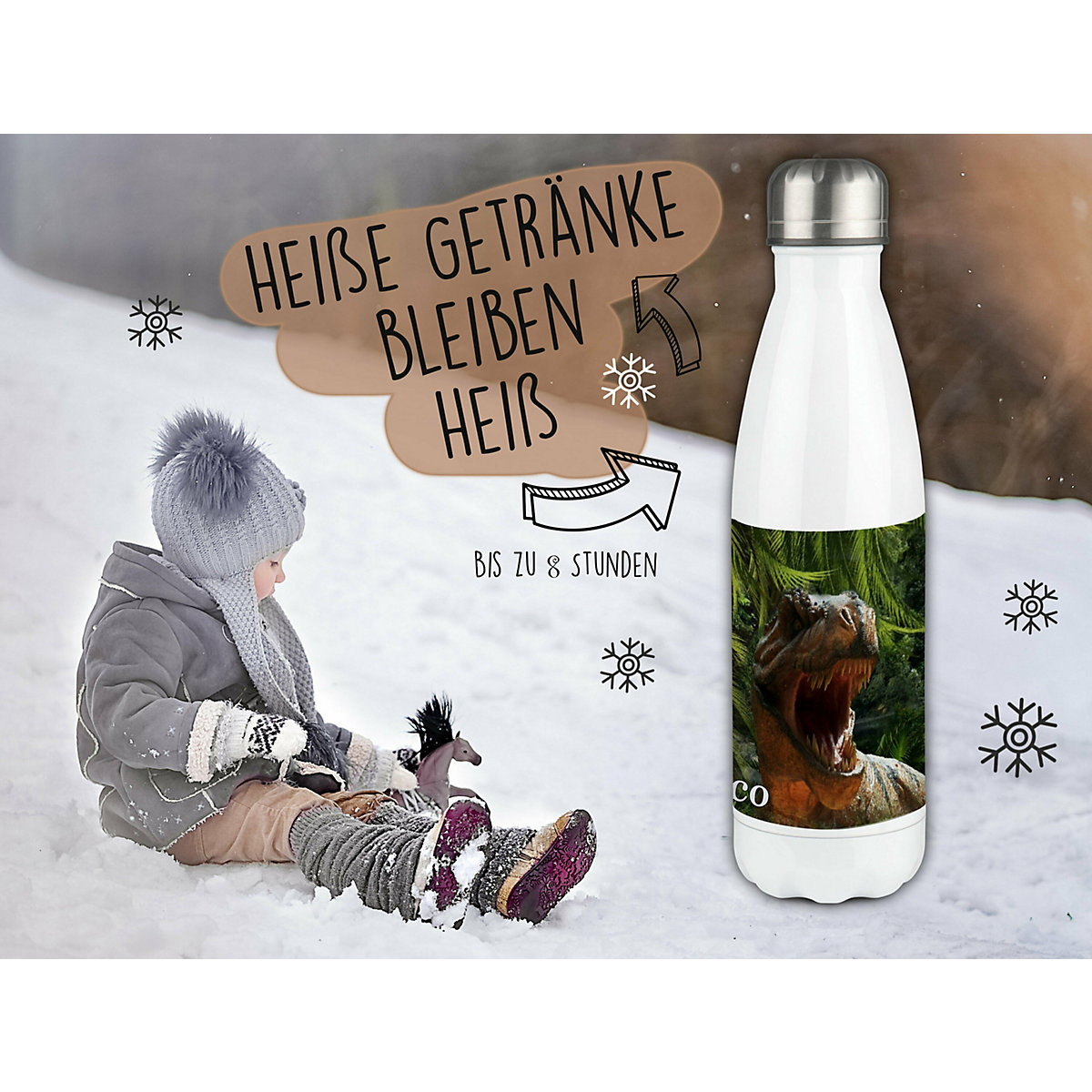 Edelstahl Kinder Thermoflasche / Trinkflasche bunt T-Rex Spülmaschinenfest, Auslaufsicher, Bruchfest, Doppelwandig, Für Heißgetränke geeignet, Mit Deckel, Isoliert