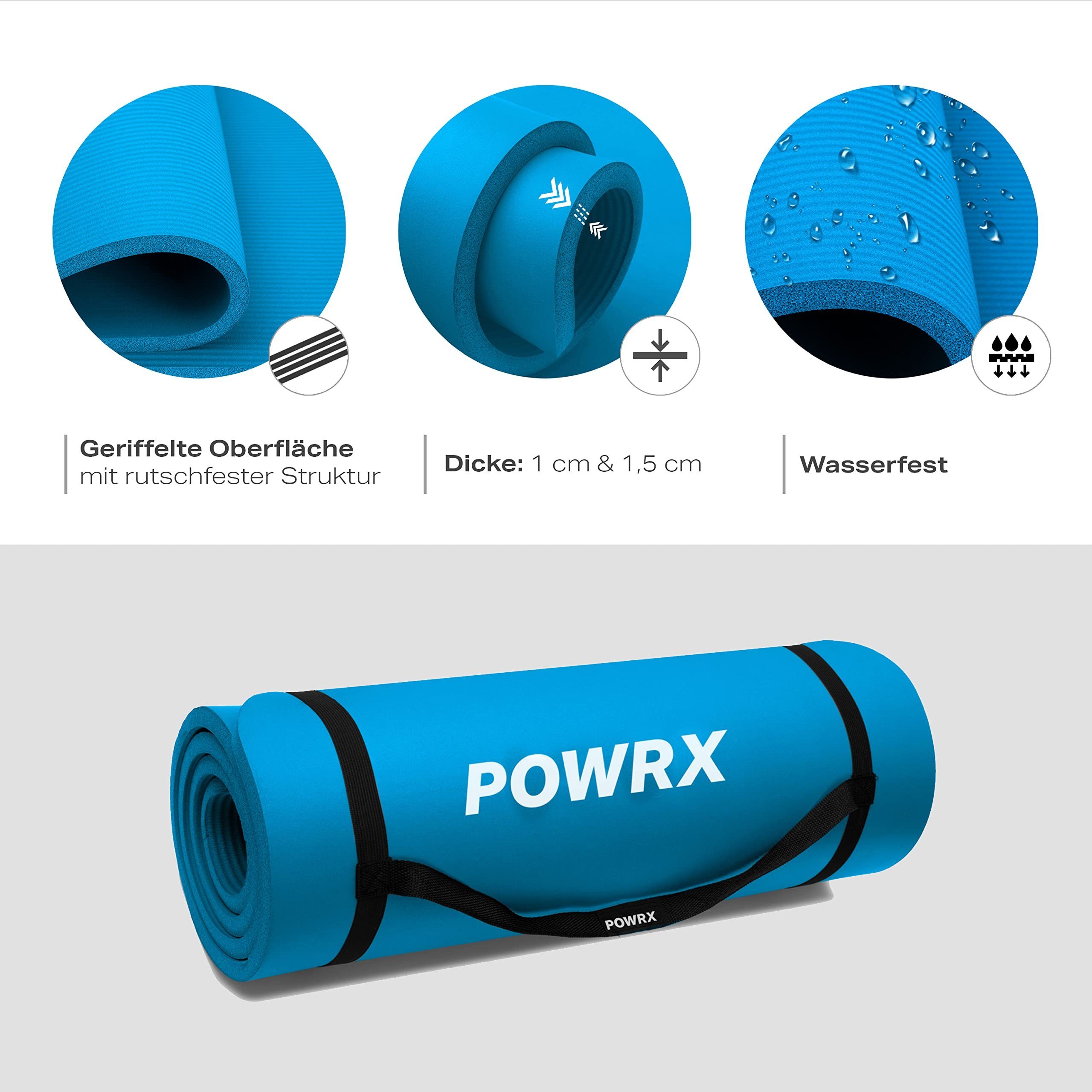 POWRX Yogamatte Gymnastik- & Yogamatte (Blau, 190x60x1cm) inkl. Tragegurt + Tasche, Blau 190 X 60 X 1 Cm