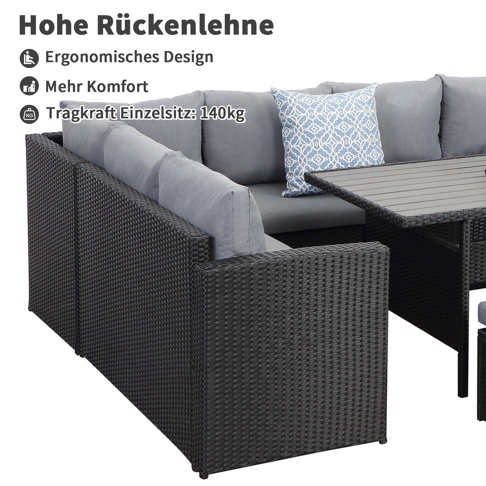 MeXo von GLP HOME Loungeset Gartenmöbel Set sale aus Polyrattan, Gartenloungeset, Sitzgruppe, (Gartengarnitur, Loungeset mit Kissen, 2-Sitzer, Ecksofa, Esstisch, 3 Hocker), Sitzgarnitur Terassenmöbel wetterfest für 6-10 Personen