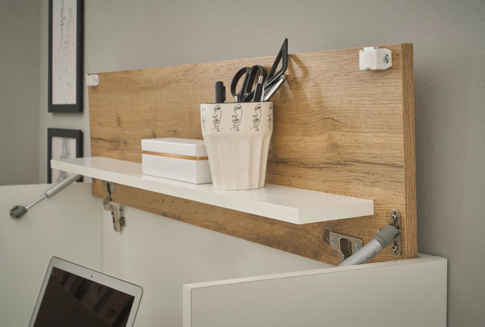 Furn.Design Mehrzweckschrank-Set Center, (Homeoffice Wohnwand in weiß mit Wotan Eiche, 4-teilig, 270 x 200 cm), integrierter Sekretär