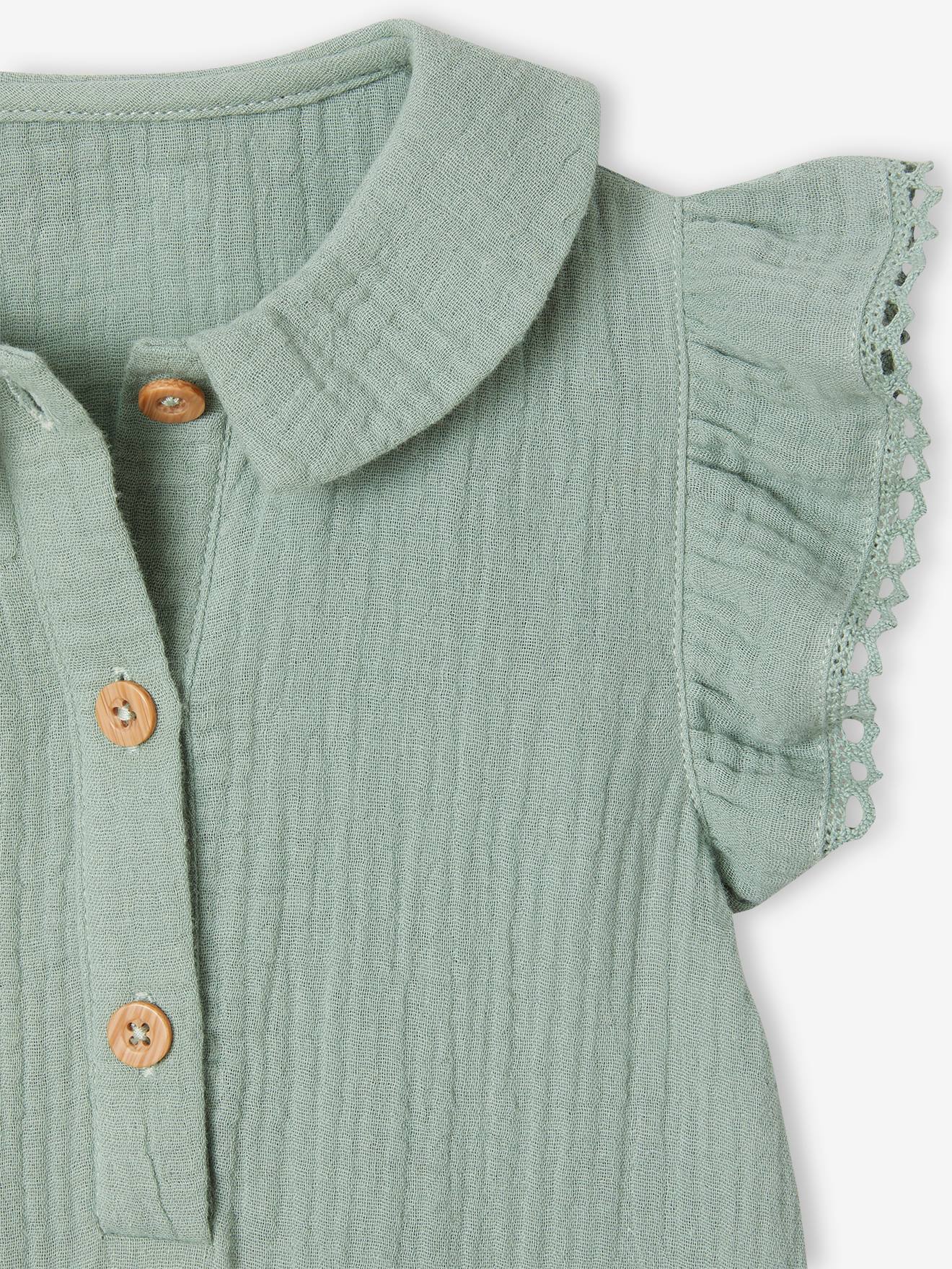 Vertbaudet Mädchen Baby Overall, Schmetterlingsärmel mit Stickerei - salbeigrün