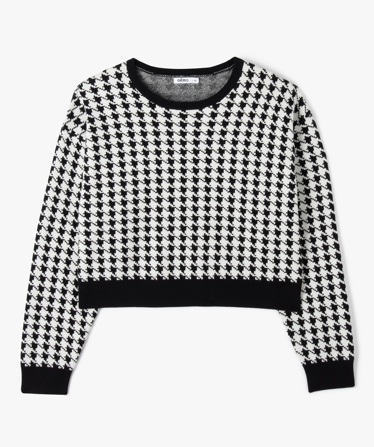 Pull court à col rond à motif pied de coq fille ecru | GEMO