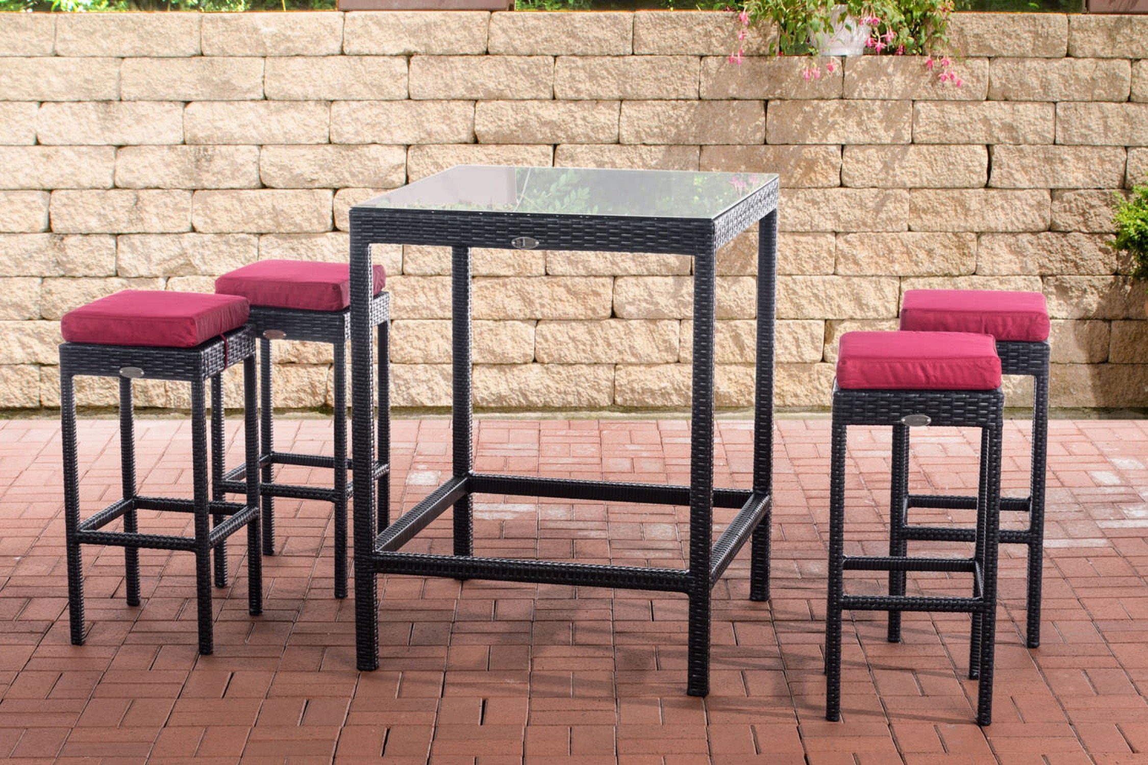 TPFGarden Gartenbar-Set Alina - aus UV-beständigem Polyrattan und Aluminium-Gestell, (Stehtisch-Set mit 4 Hockern und Kunstlederauflagen, Gartenlounge-Set - wasserfest, pflegeleicht und UV-beständig), Maße (TxBxH): Tisch 84 x 84 x 110,5cm - Hocker 37