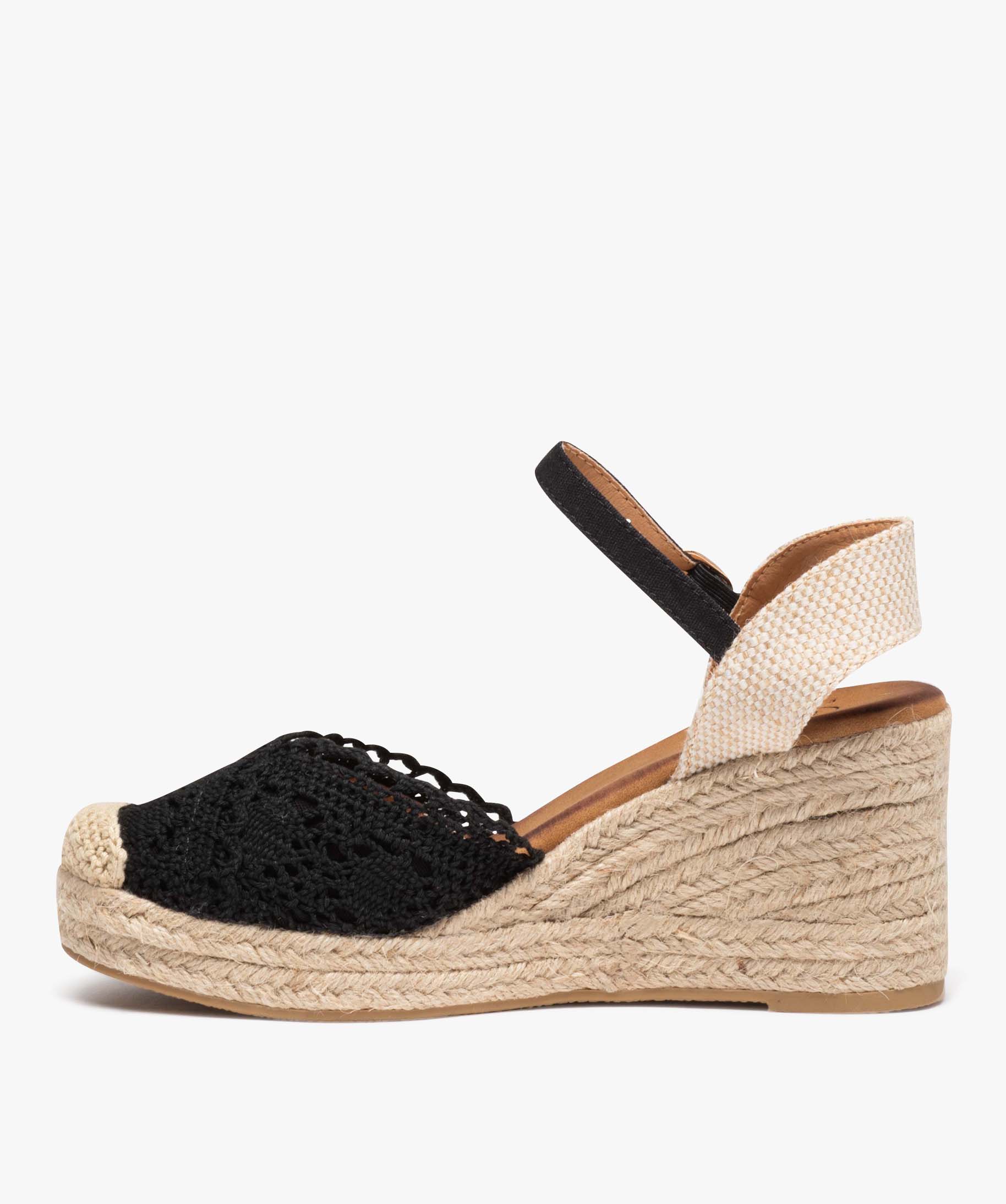 Sandales femme compensées en jute avec dessus brodé noir | GEMO
