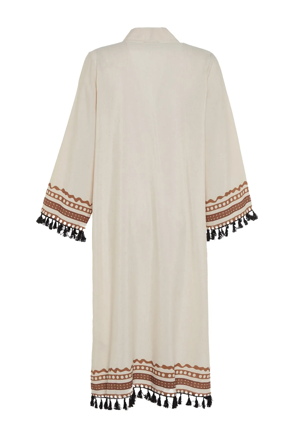 Trendyol Modest  Beiger, ethnisch gemusterter, langer, gewebter Kimono und Kaftan aus Baumwollmischung TCTSS23KK00012